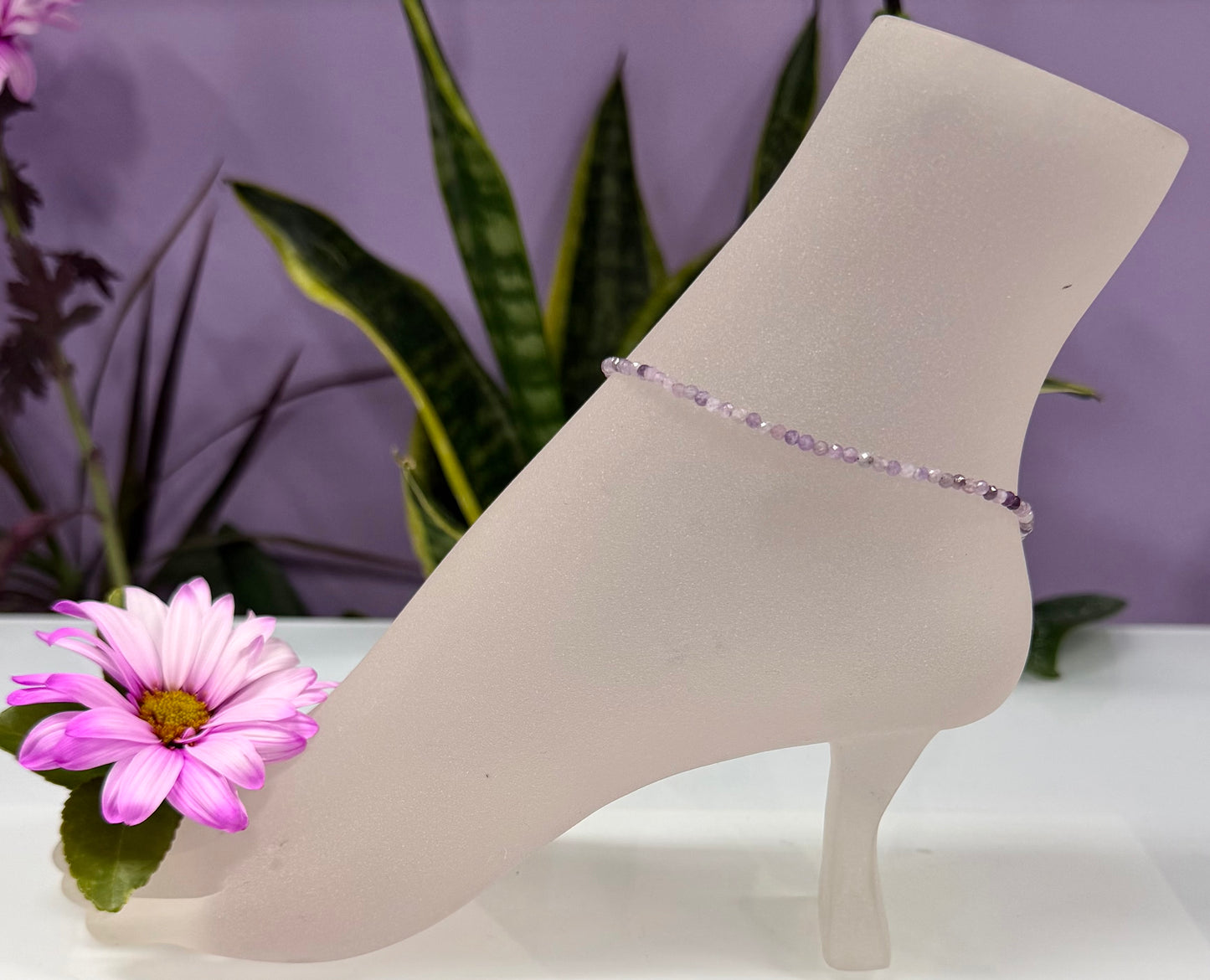 6 PCs 2mm Faceted Natural Lepidolite Anklet Stainless Steel Finding