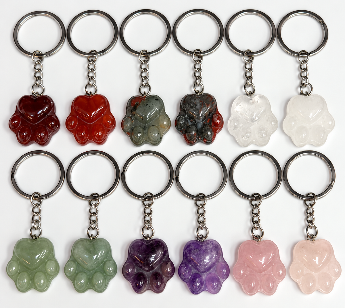 12 PCs Natural Mixed Crystals Dog Paw Print Keychain