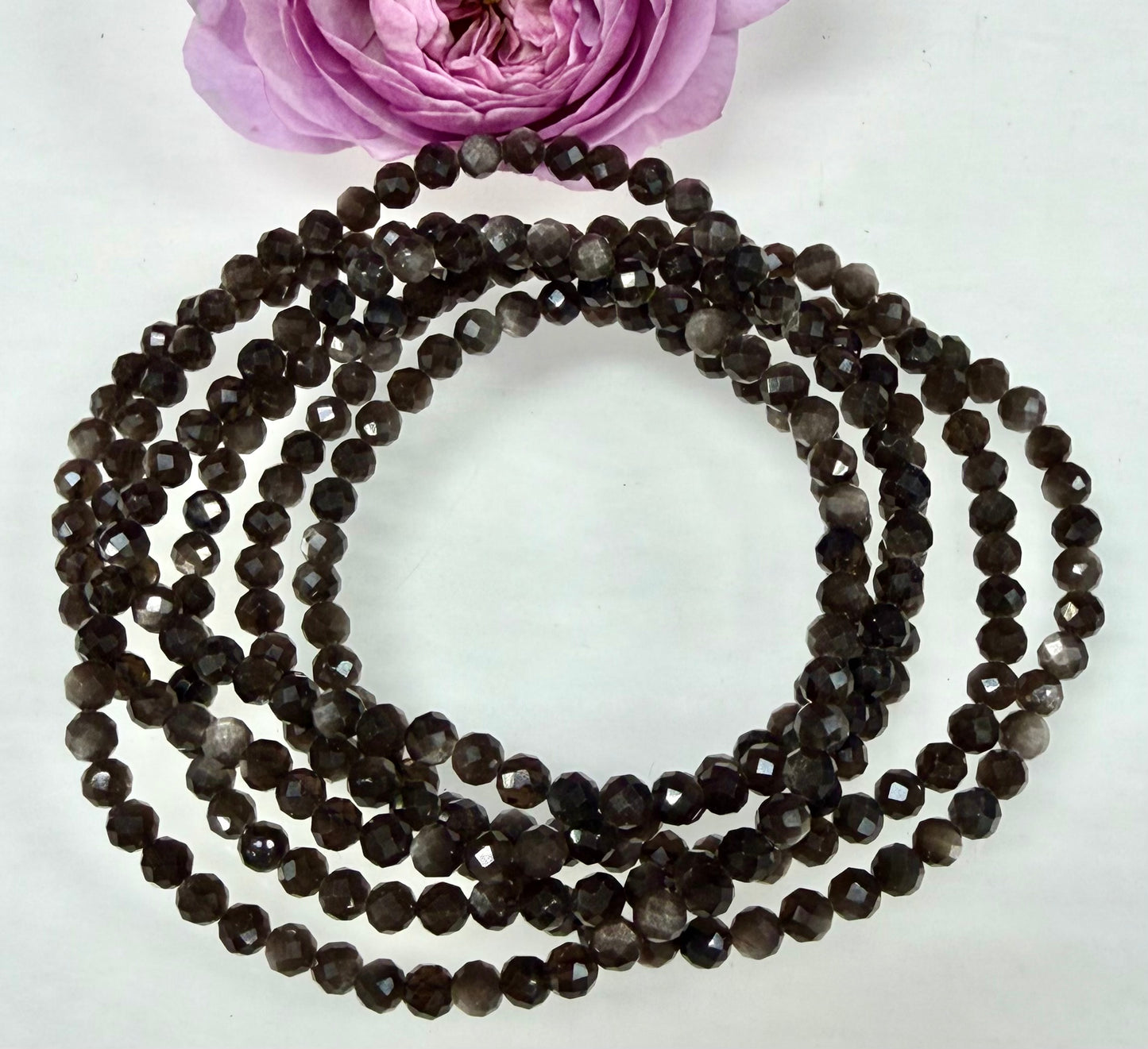 Wholesale Lot 6 Pcs Natural Faceted Silver Sheen Obsidian 4mm 7.5” Crystal Healing Stretch Bracelet
