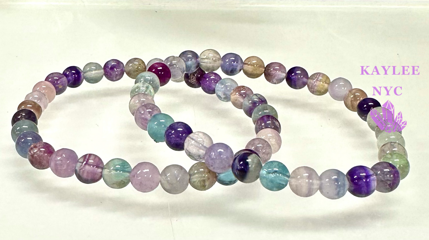 6 PCs 6mm Natural Rainbow Fluorite Stretch Bracelet 7.5”