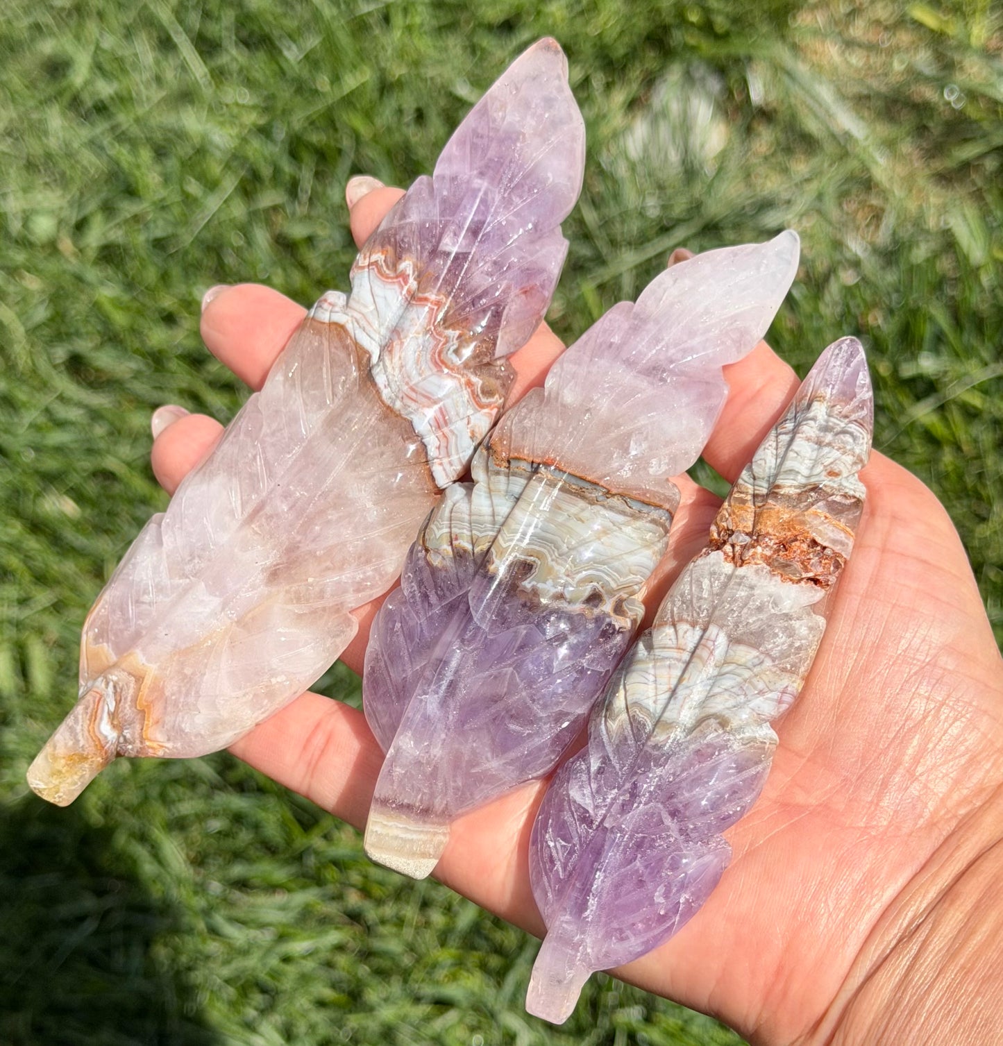 5 PCs Natural Amethyst Lace Agate Feather Carvings Crystal Healing Energy