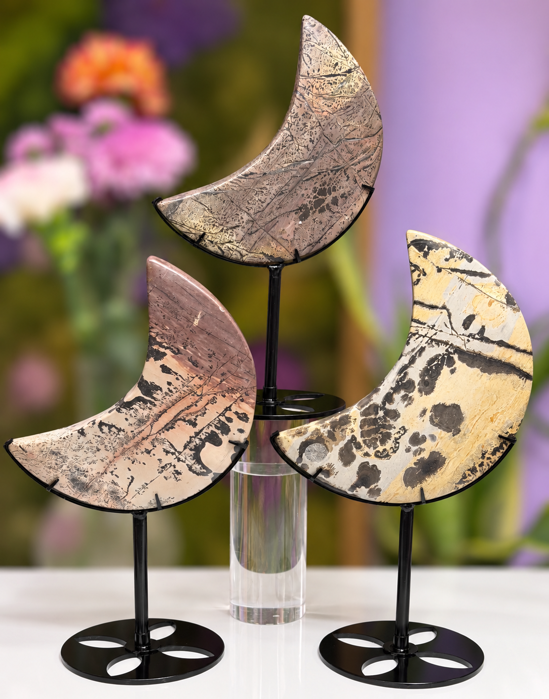 Wholesale Lot 3pcs Natural Picture Jasper Moon with Stand