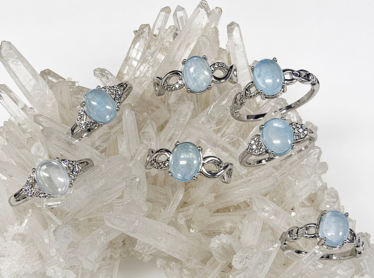 Wholesale Lot 7 pcs Natural Aquamarine Stainless Steel Ring 7x9mm