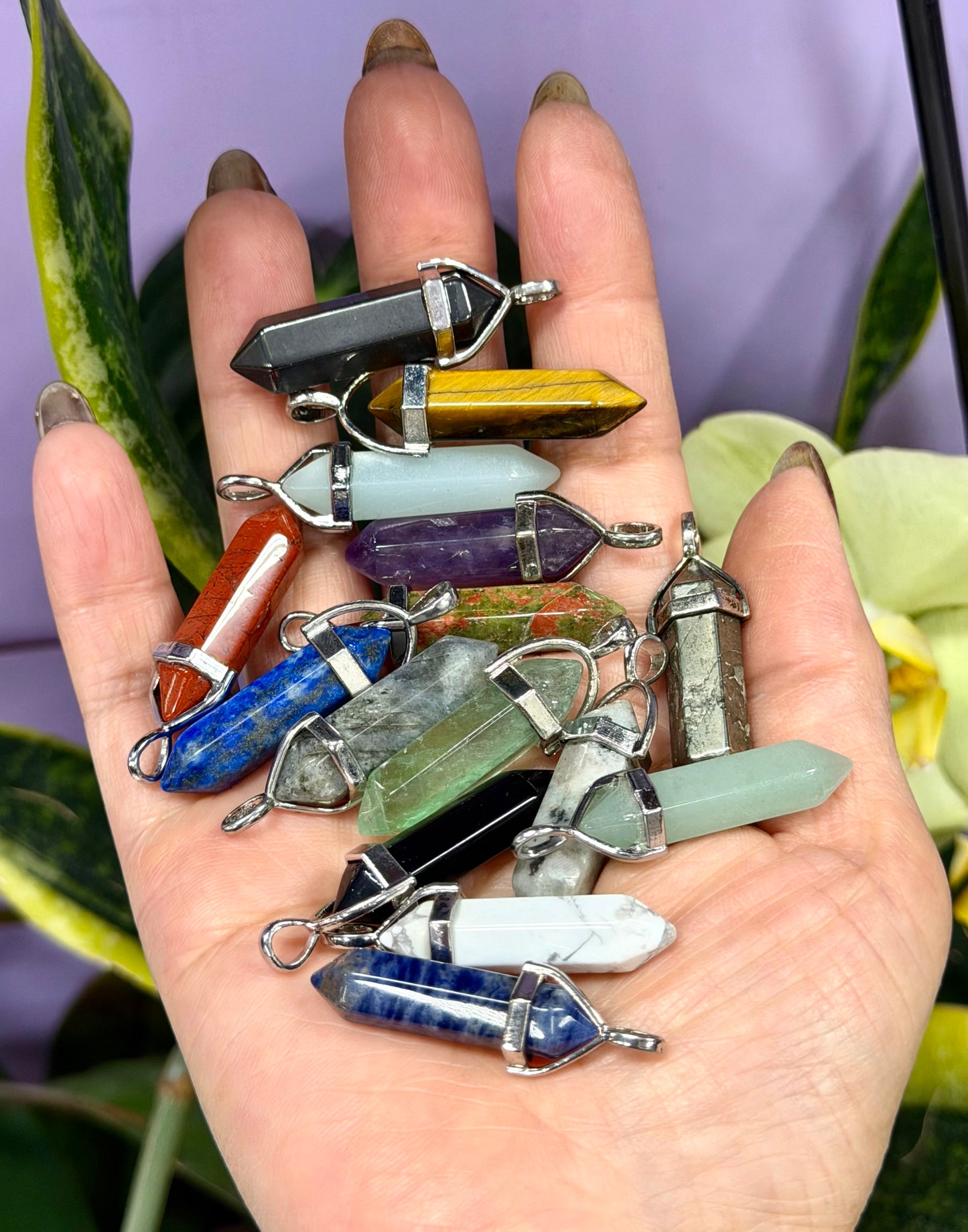 Wholesale Lot 24 Pcs Natural Crystal Point Pendant – Mixed Stones – Rhodium Plated