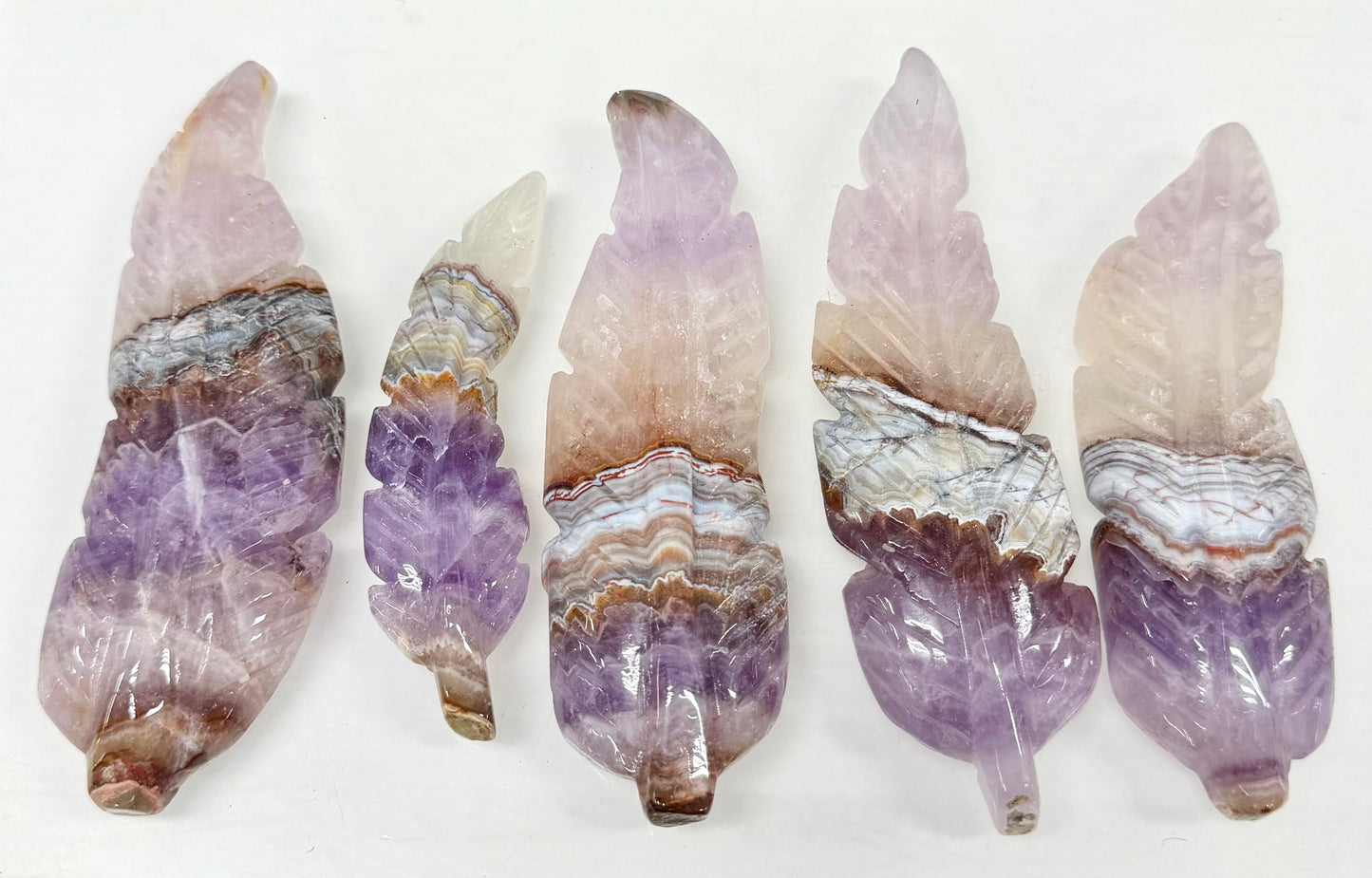 5 PCs Natural Amethyst Lace Agate Feather Carvings Crystal Healing Energy