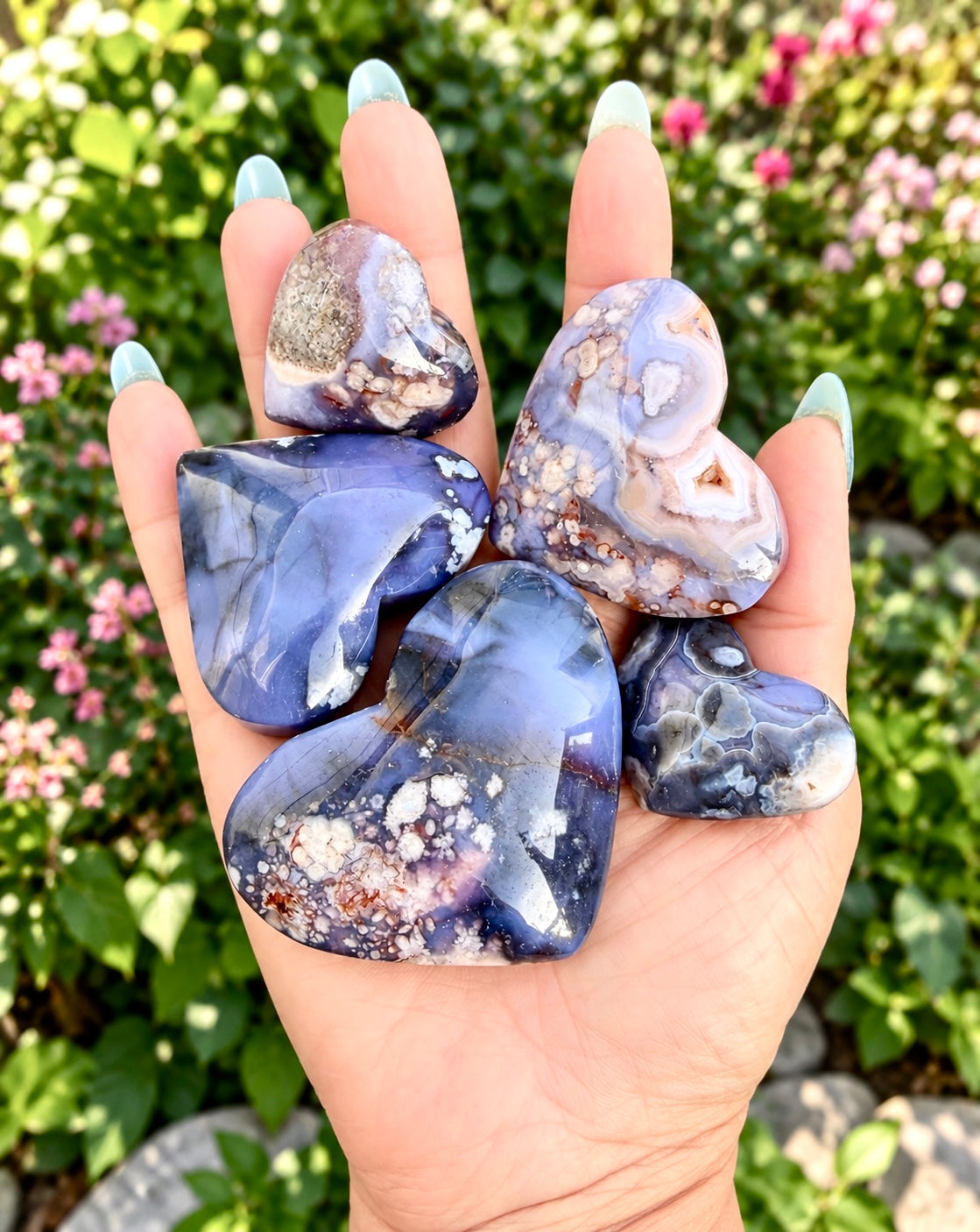 Wholesale Lot 2 lbs Blue Flower Agate Heart Crystals Healing Energy