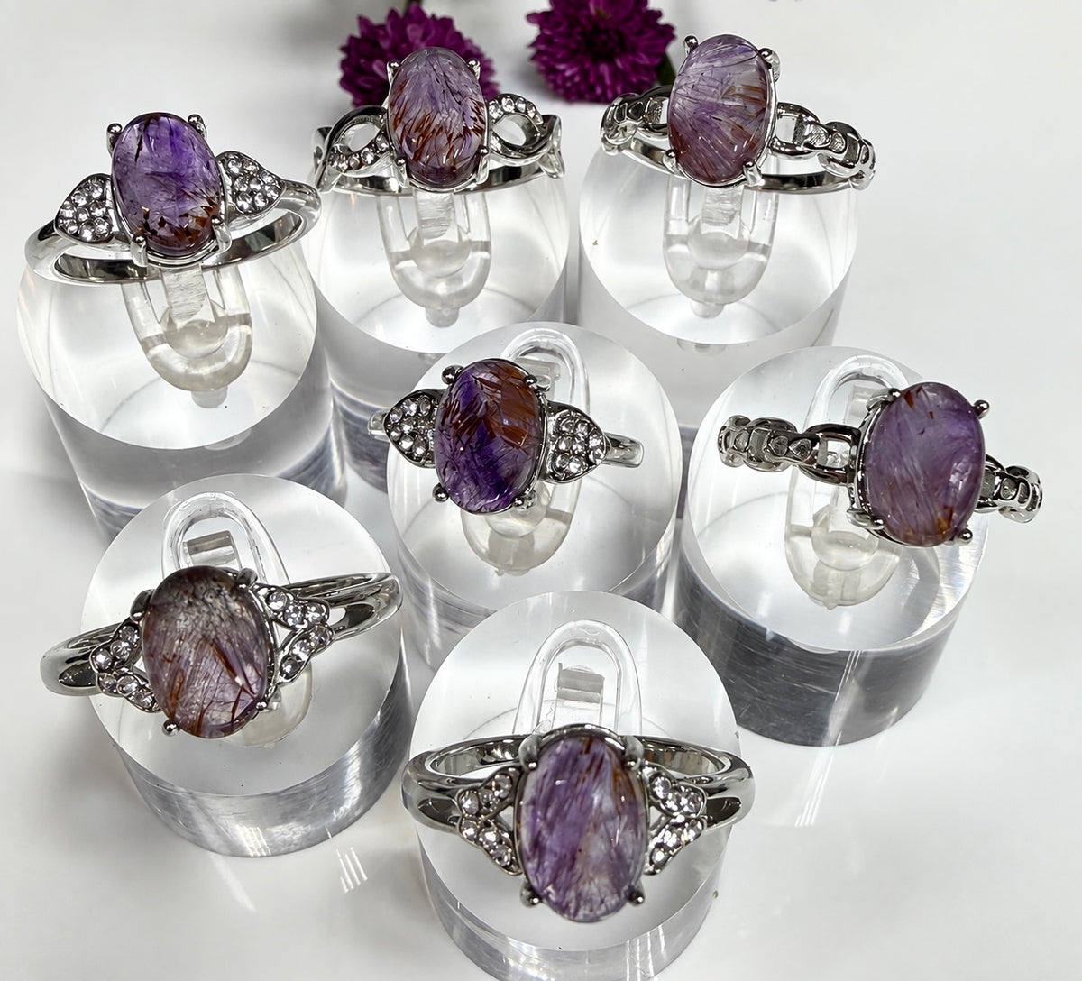 7 pcs Natural Auralite 23 Stainless Steel Ring Crystals Healing Energy