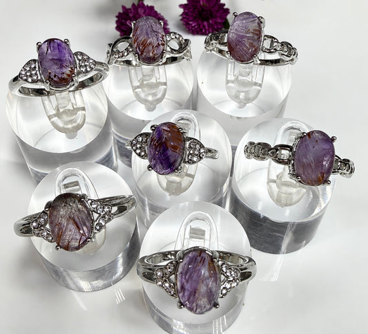 7 pcs Natural Auralite 23 Stainless Steel Ring Crystals Healing Energy