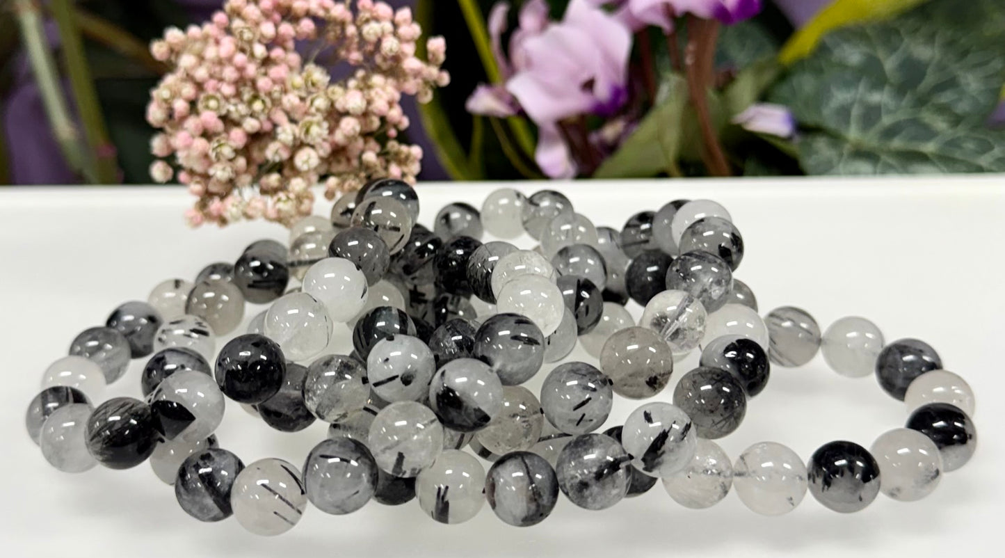Wholesale Lot 6 Pcs Natural Tourmalinated Quartz 10mm 7.5” Crystal Healing Stretch Bracelet