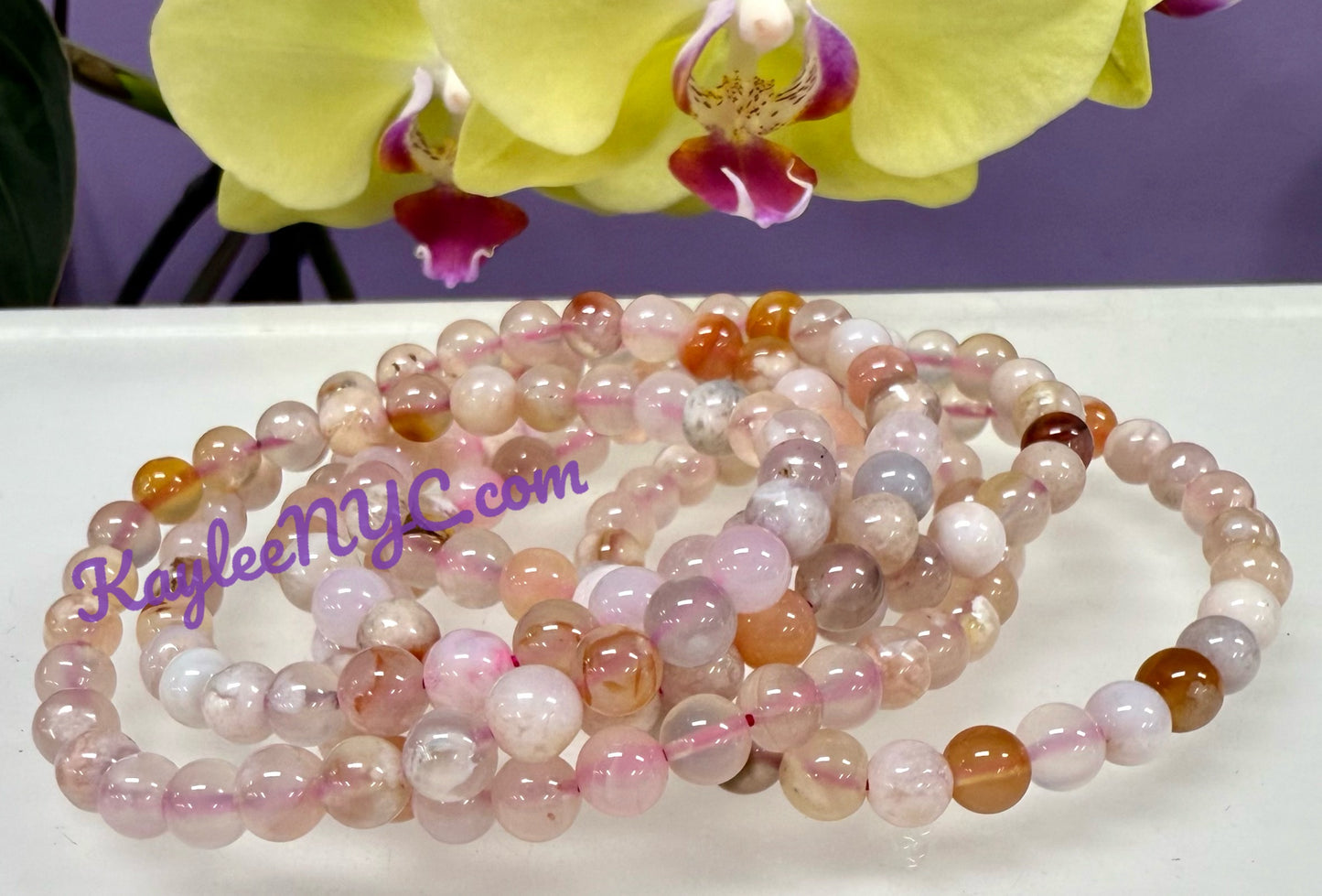 Wholesale 6 Pcs Natural Cherry Blossom Flower Agate 6mm 7.5” Crystal Healing Stretch Bracelet