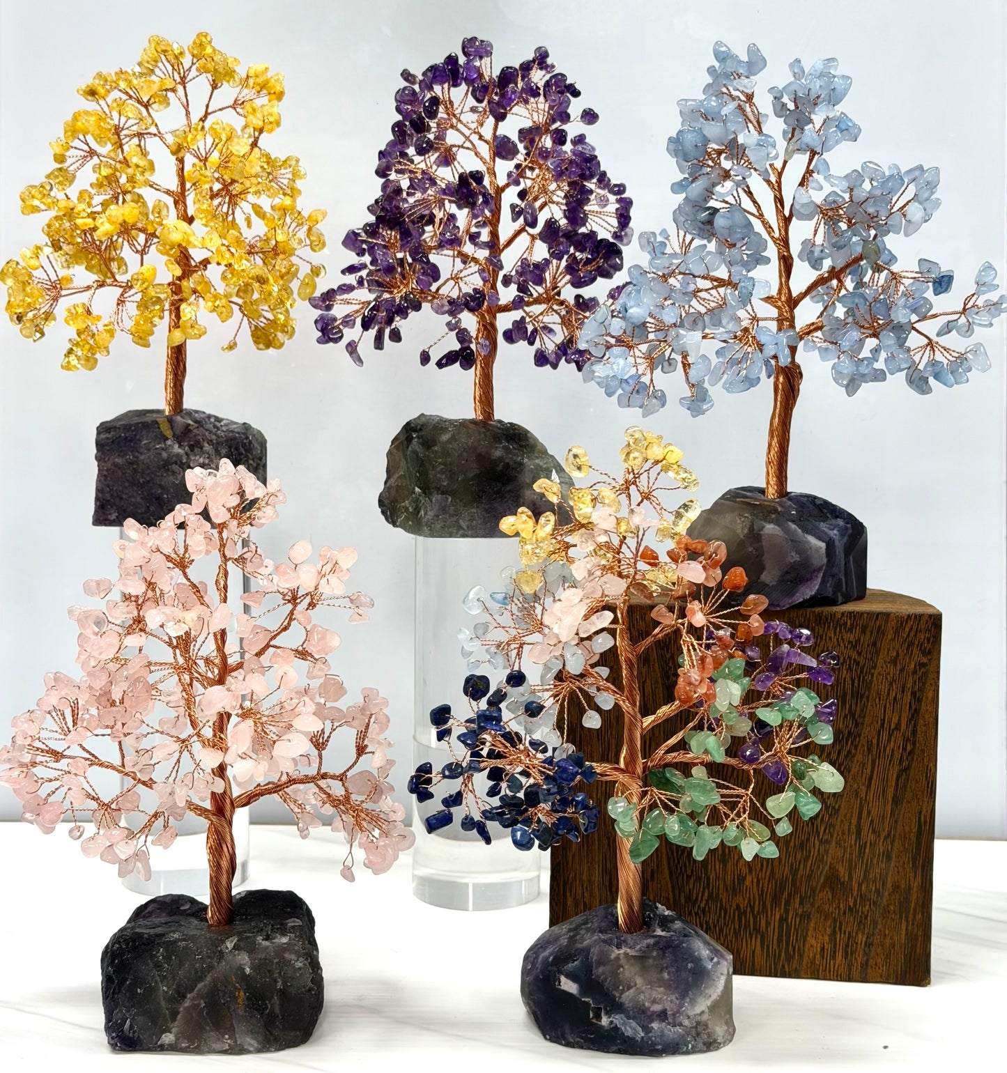 Wholesale Lot 5 Pcs Natural Crystal Tree with Fluorite Crystal Base Copper Wire