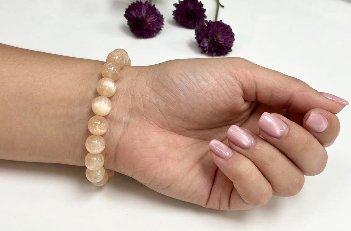 Wholesale 6 Pcs Natural Peach Selenite 8mm 7.5” Crystal Stretch Bracelet