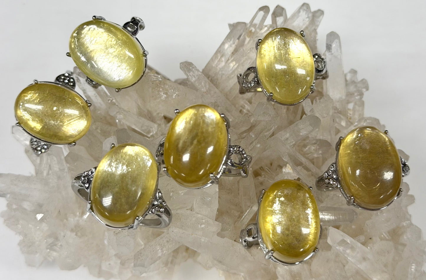 Wholesale Lot 7 pcs Natural Golden Lepidolite Stainless Steel Ring 13x18mm