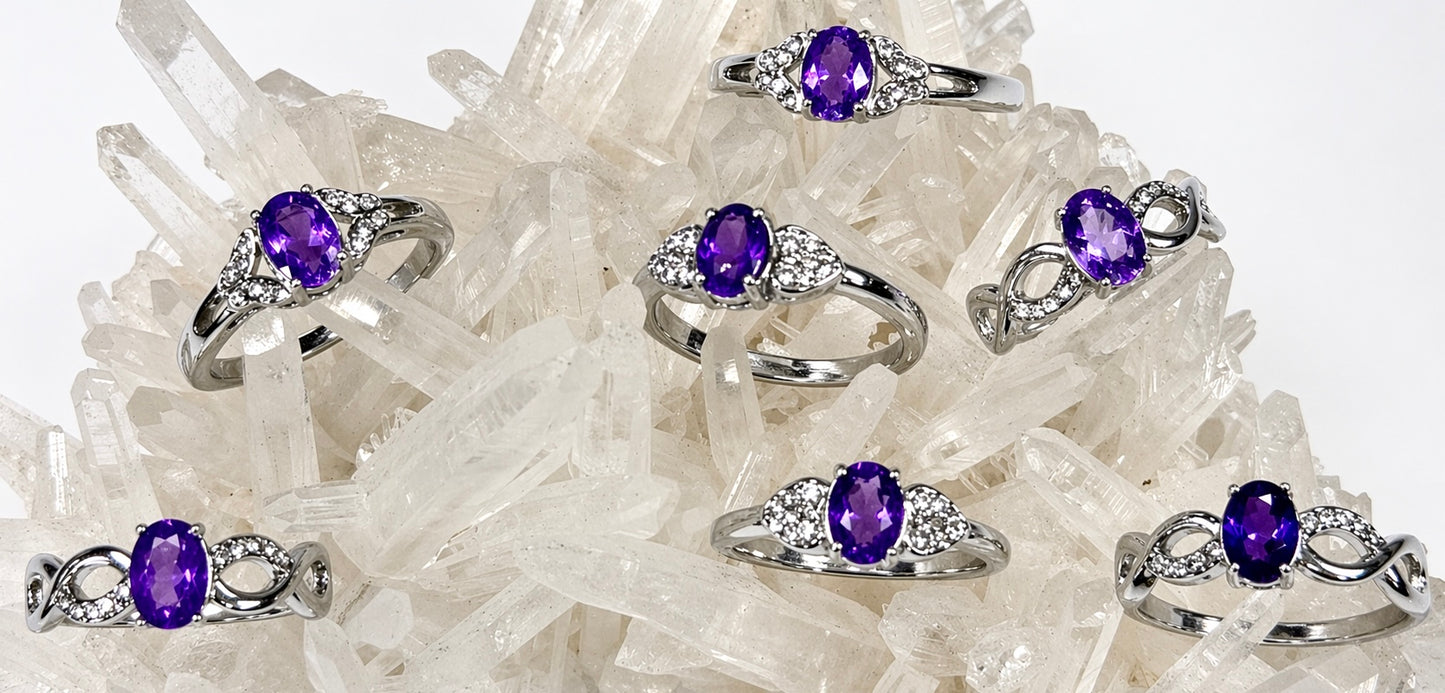 Wholesale Lot 7 pcs Natural Amethyst Stainless Steel Ring 5x7mm