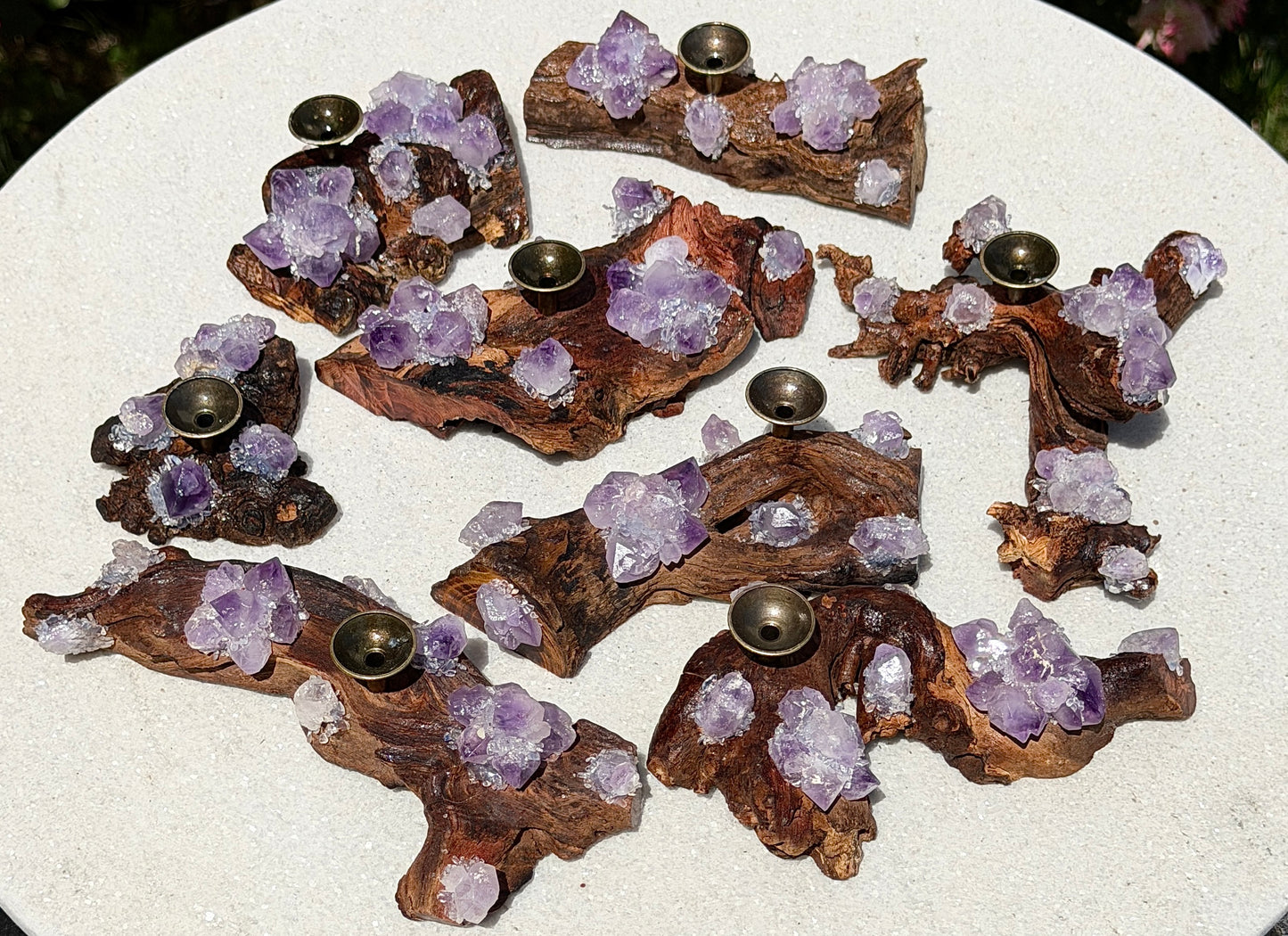 8 pcs PCs Natural Amethyst Drift Wood sphere stand Incense Holder