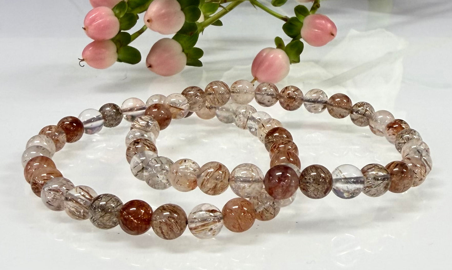 6 PCs 6mm Natural Copper Rutilated Quartz Stretch Bracelet 7.5”