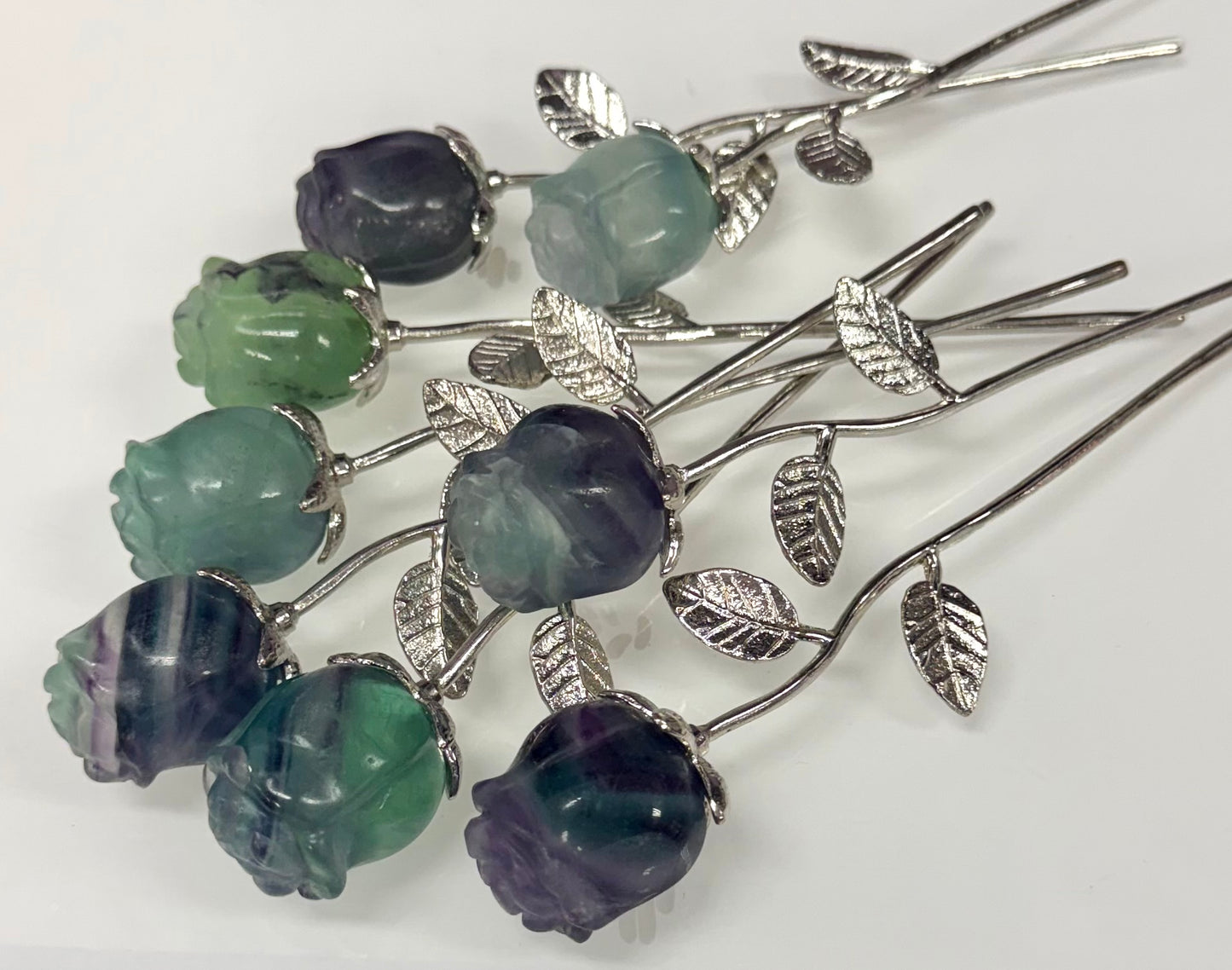 12 PCs Fluorite Rose with Rhodium Metal Stem Natural Crystal Healing Energy