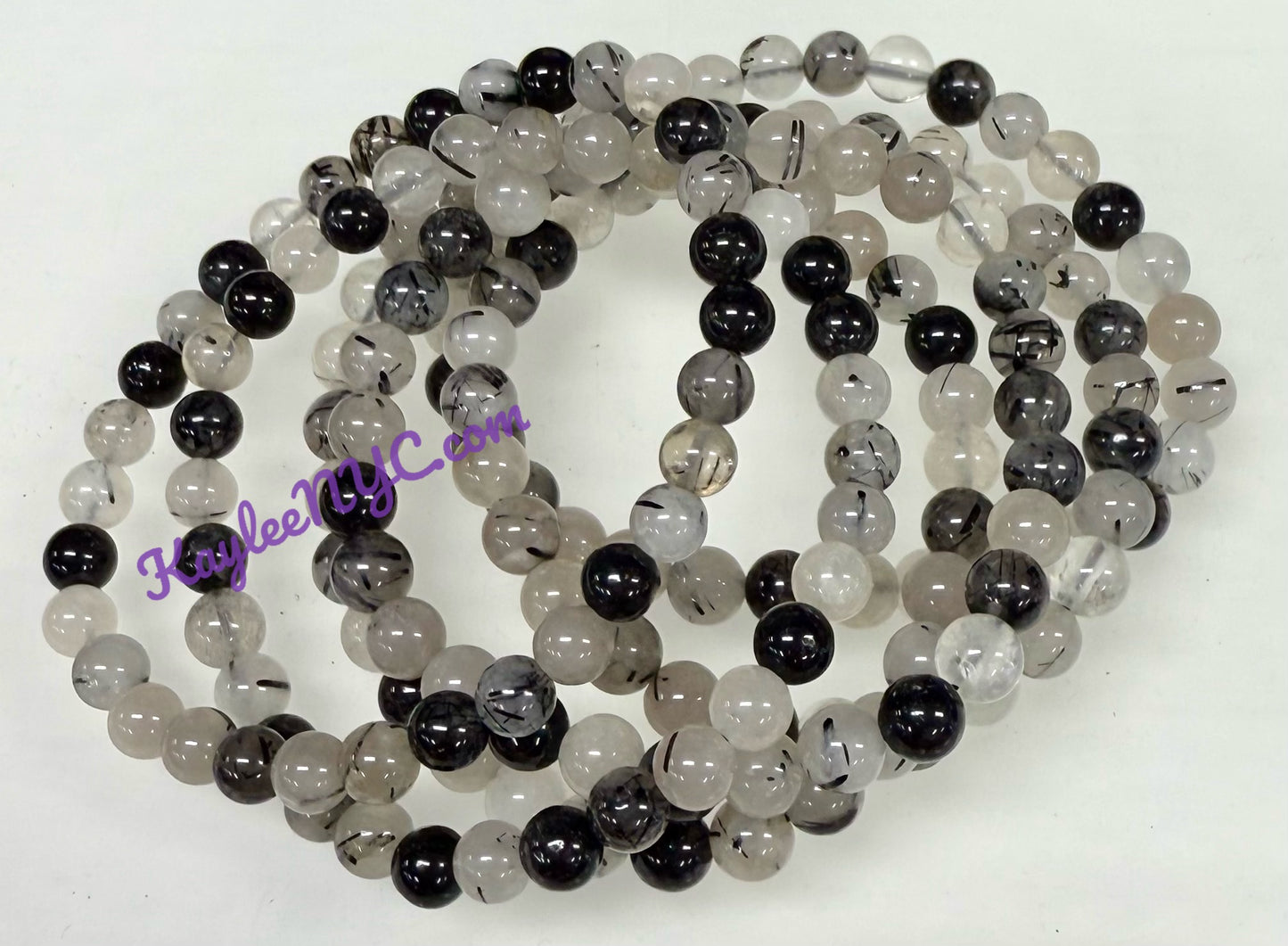 Wholesale 6 Pcs Tourmalinated Quartz 6mm 7.5” Crystal Healing Stretch Bracelet