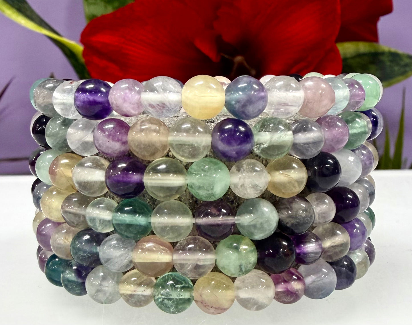Wholesale 6 Pcs Natural Rainbow Fluorite 6mm 7.5” Crystal Healing Stretch Bracelet