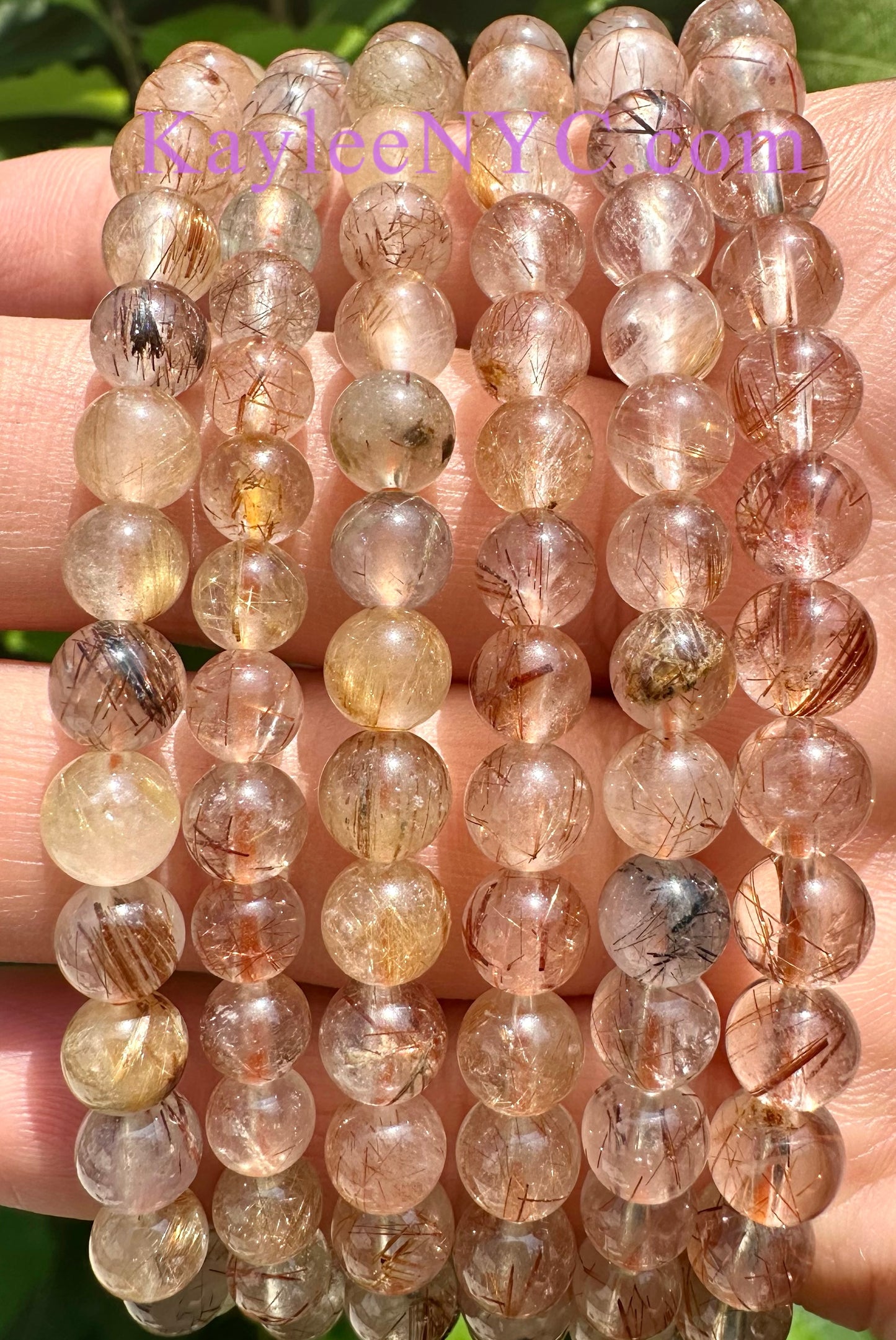 6 PCs 5mm Natural Copper Rutilated Quartz Stretch Bracelet 7.5”