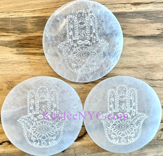 Wholesale Lot 3 pcs Natural Selenite aka Satin Spar Hamsa Charging Plate Crystal Healing Energy