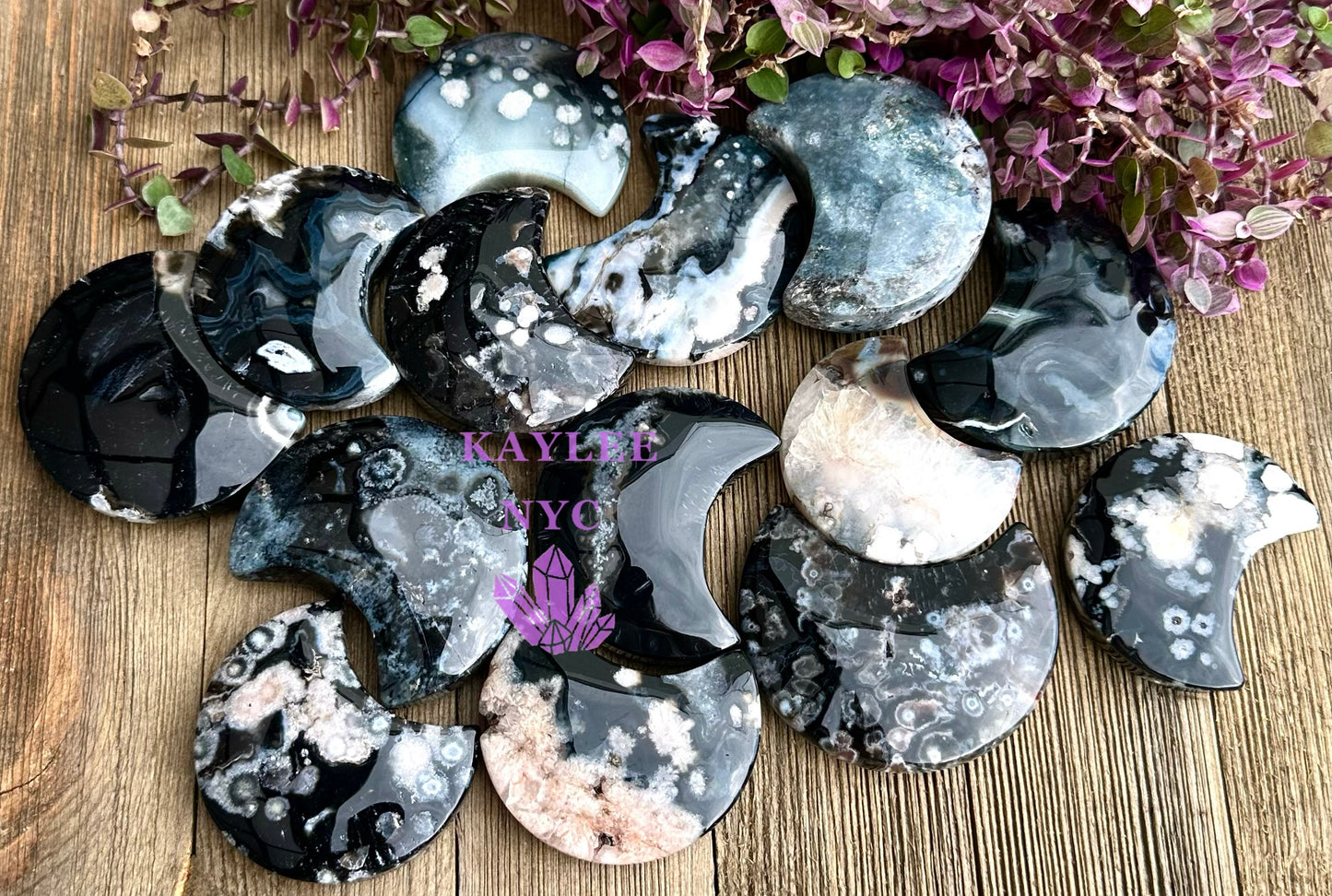 Wholesale Lot 2 lbs Natural Black Flower Agate Moon