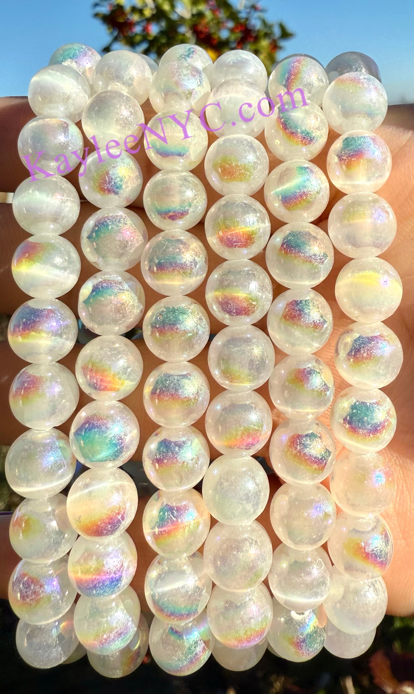 Wholesale 6 Pcs Angel Aura Selenite 8mm 7.5” Crystal Stretch Bracelet