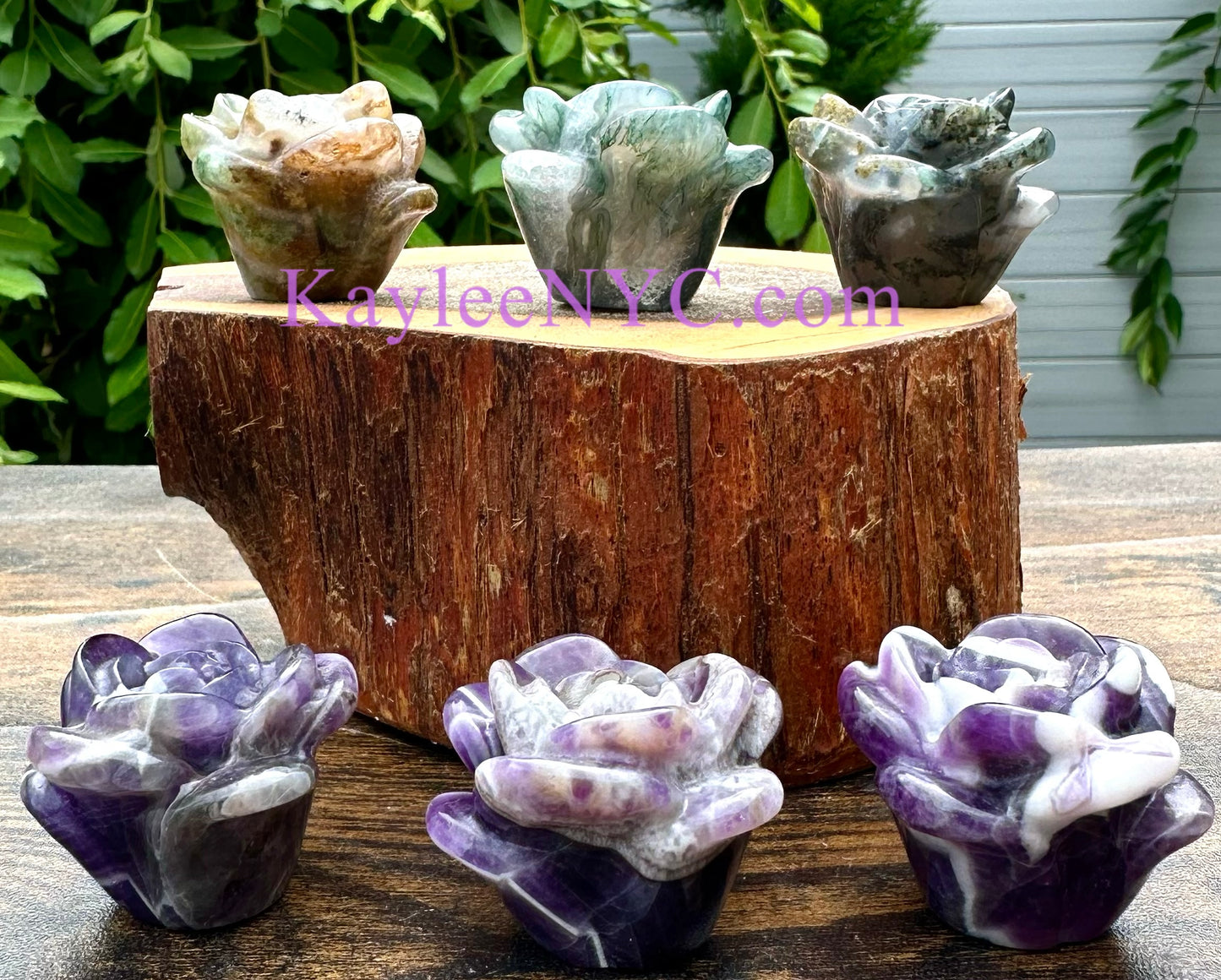 6 PCs 1.5” Natural Chevron Amethyst & Moss Agate Rose Carving