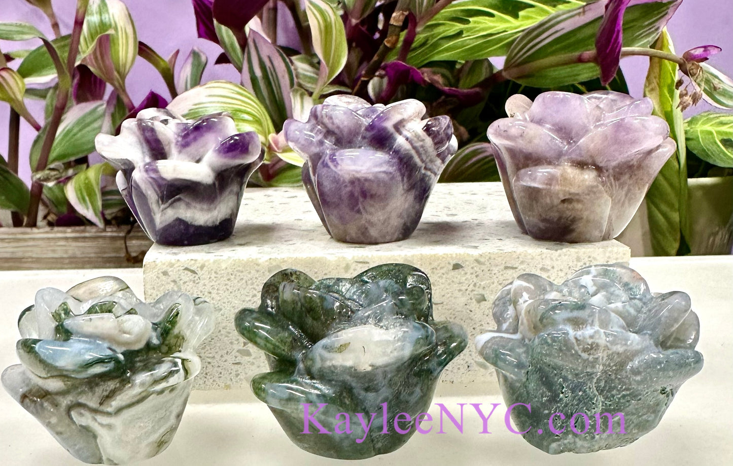 6 PCs 1.5” Natural Chevron Amethyst & Moss Agate Rose Carving