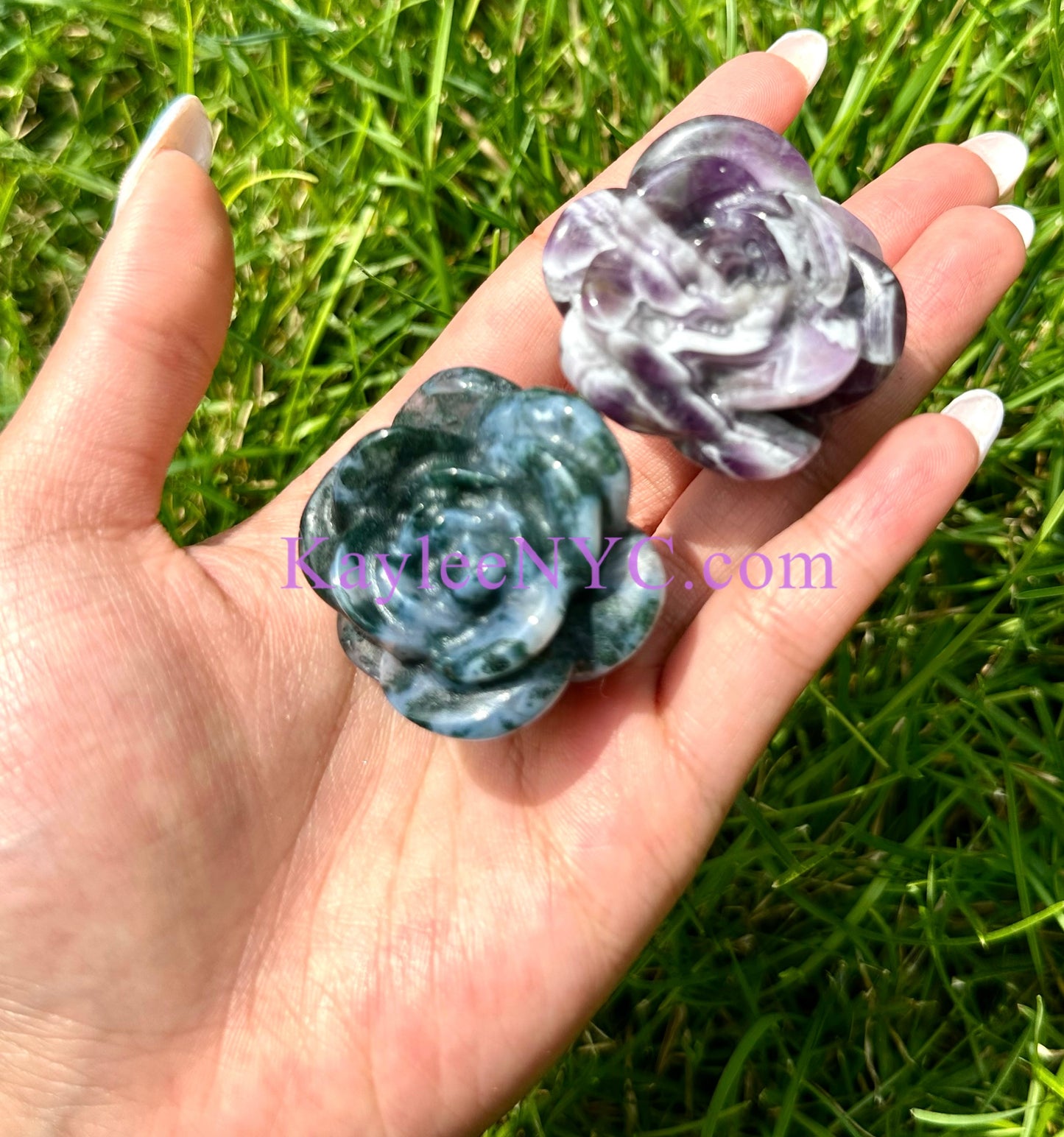 6 PCs 1.5” Natural Chevron Amethyst & Moss Agate Rose Carving