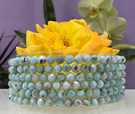 Wholesale Lot 6 Pcs Natural Larimar Faceted Stretch Bracelets – 4mm – 7.5”