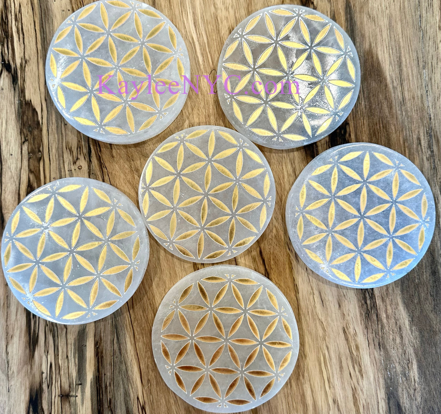 Wholesale Lot 6 pcs Natural Selenite aka Satin Spar Flower of Life Round Charging Plate Crystal