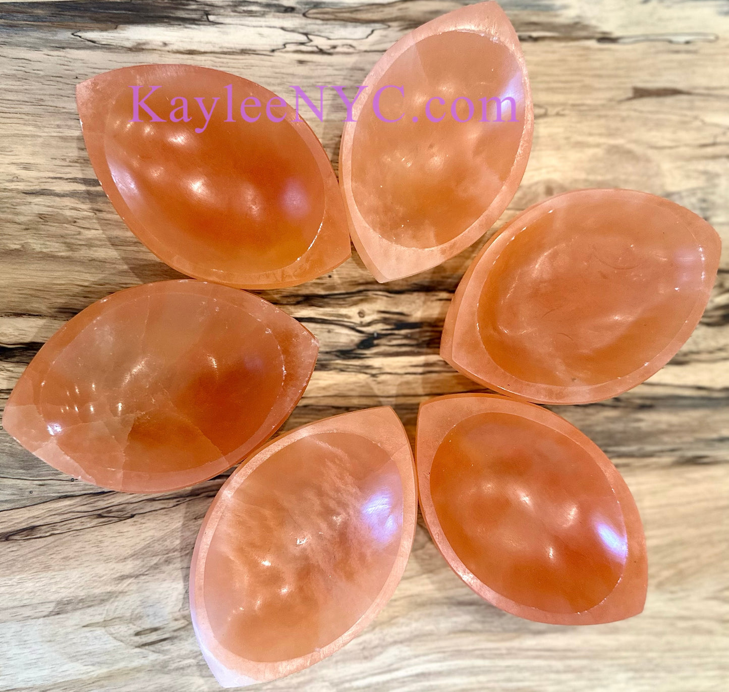 6 PCs large Natural Peach Selenite aka Satin Spar Eye Shaped Bowl 10cm