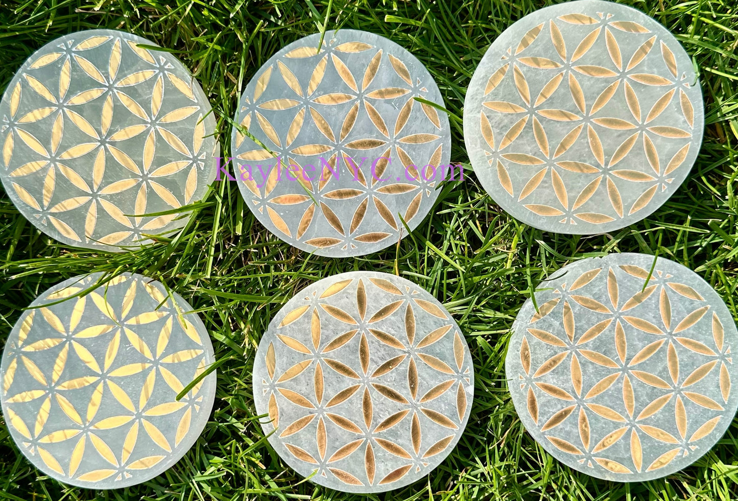 Wholesale Lot 6 pcs Natural Selenite aka Satin Spar Flower of Life Round Charging Plate Crystal