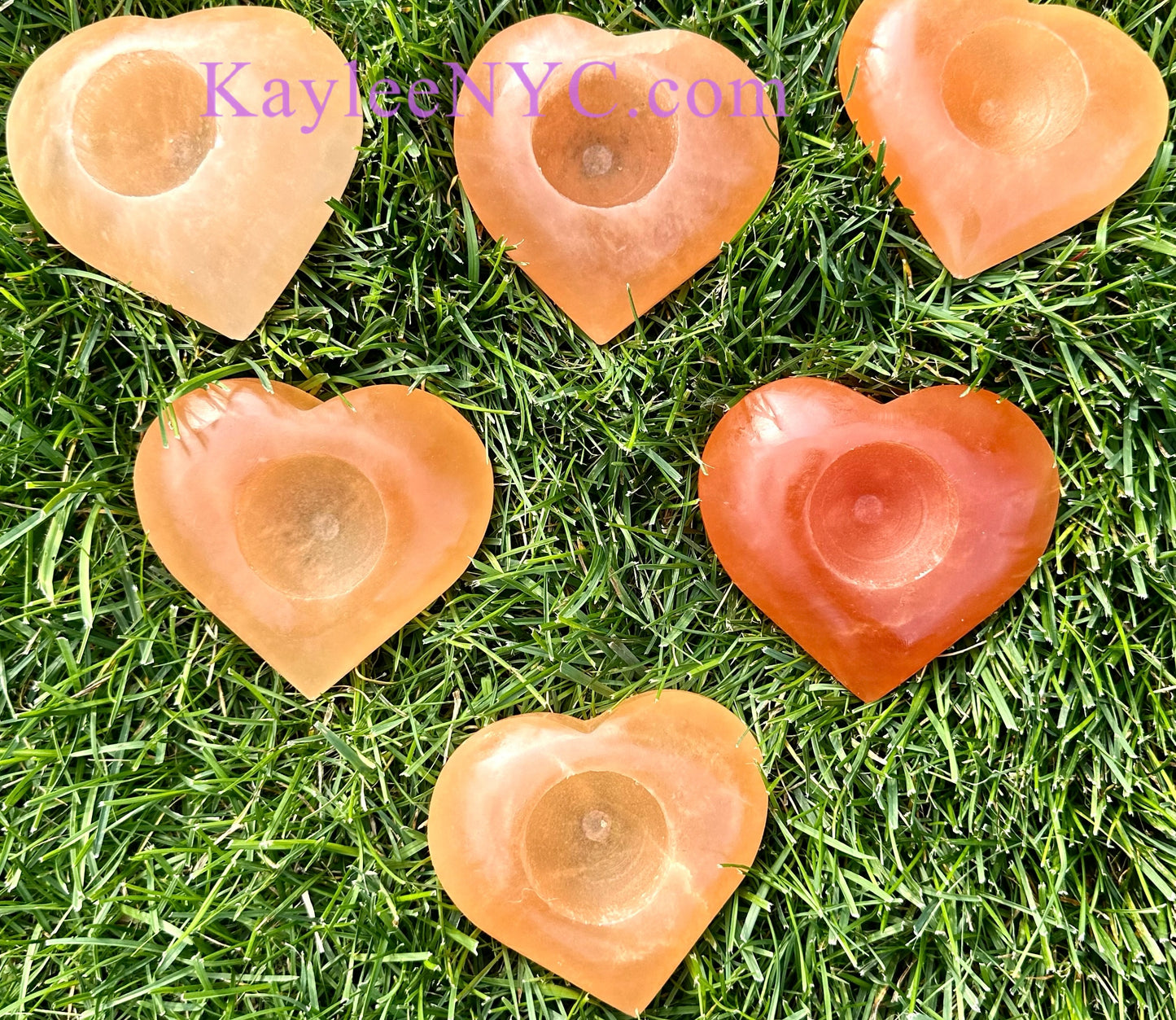 6 PCs large Natural Peach Selenite aka Satin Spar Heart Candle Holder 10cm