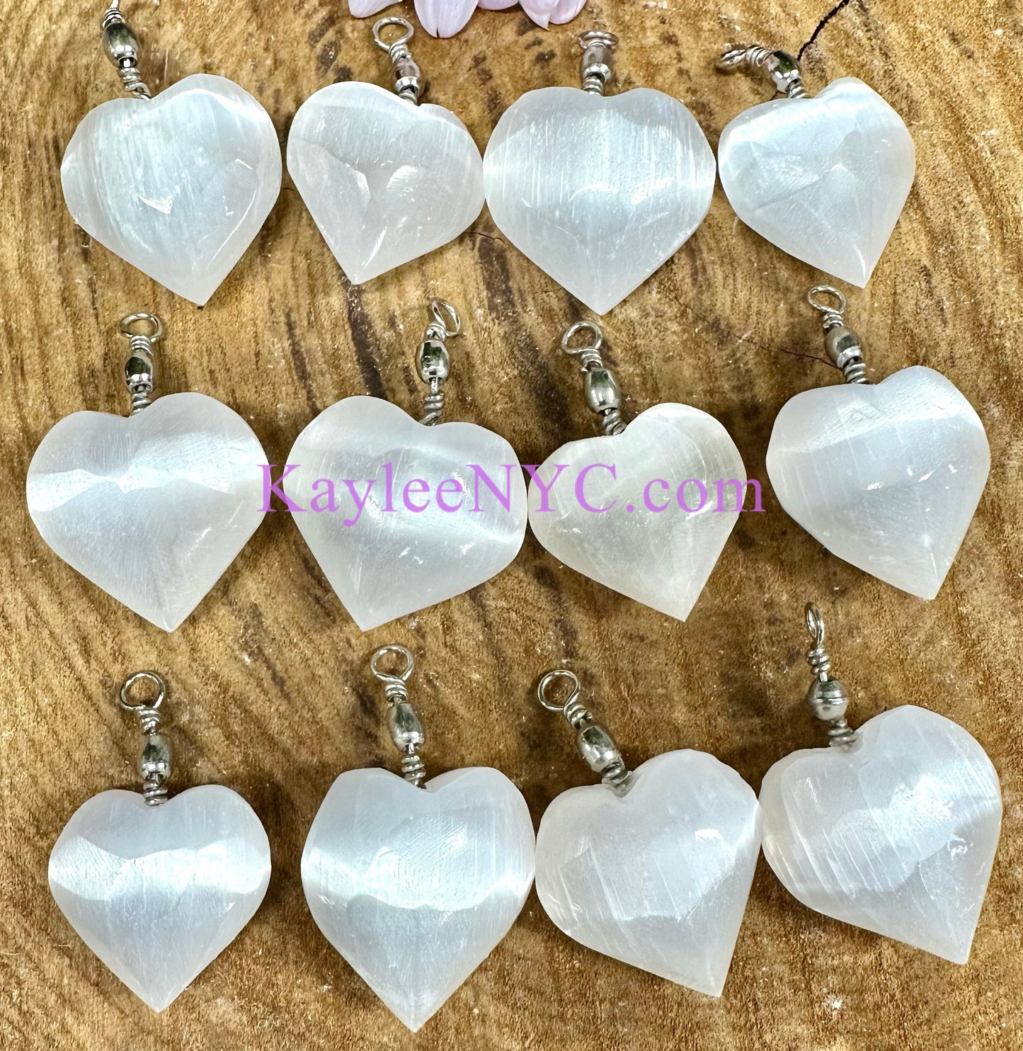 12 PCs Natural Selenite aka Satin Spar Heart Pendant