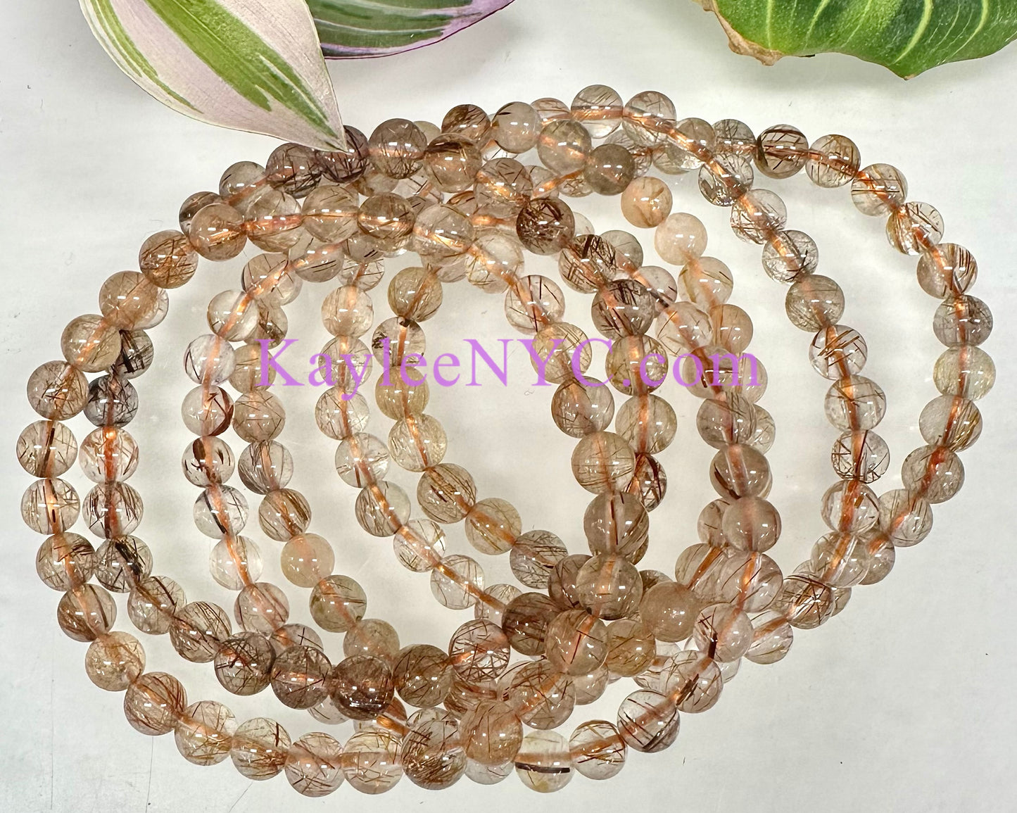 6 PCs 5mm Natural Copper Rutilated Quartz Stretch Bracelet 7.5”