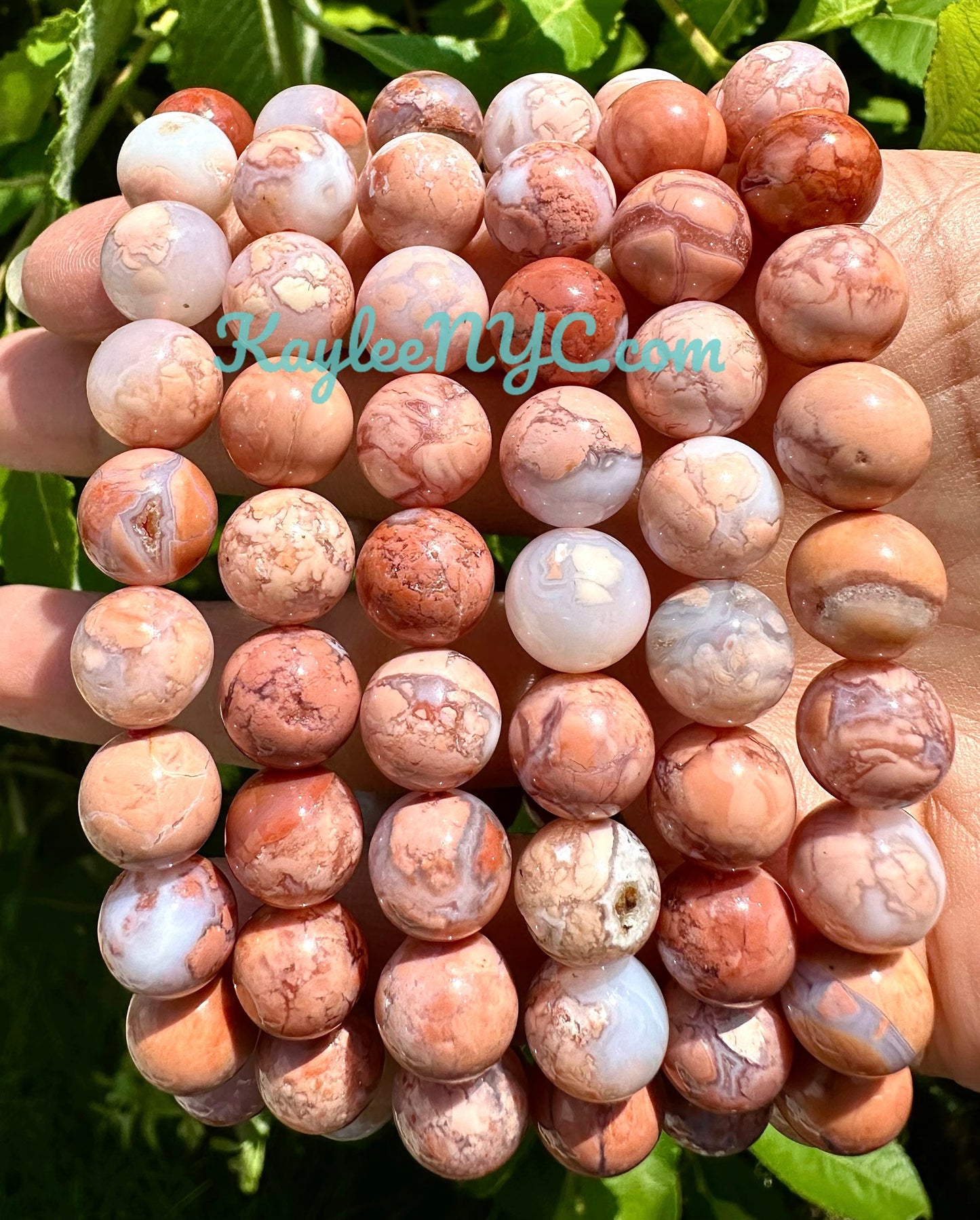 6 PCs 10mm Natural Pink Agate Stretch Bracelet 7.5”