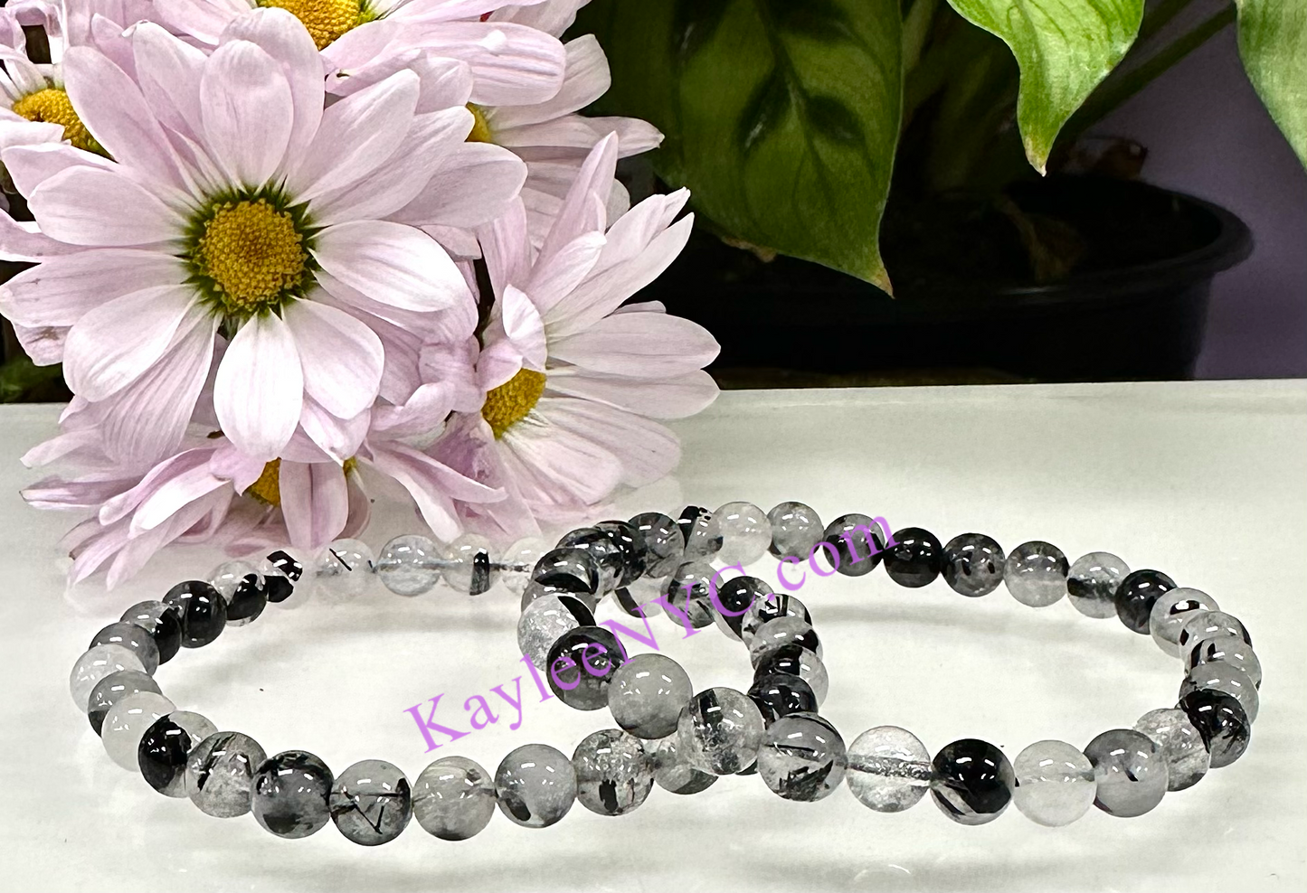 Wholesale 6 Pcs Tourmalinated Quartz 6mm 7.5” Crystal Healing Stretch Bracelet