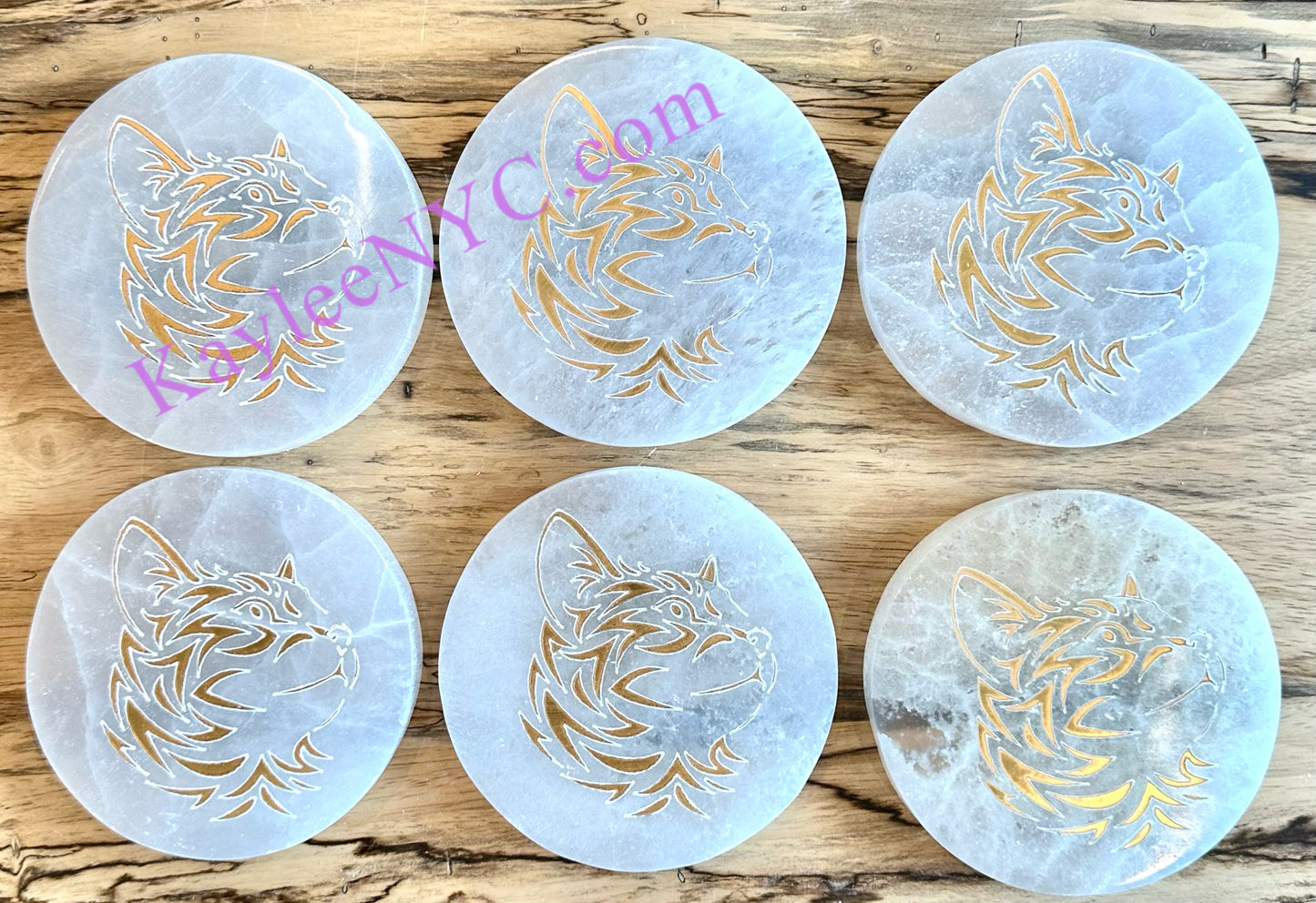 Wholesale Lot 6 pcs Natural Selenite aka Satin Spar Cat Round Charging Plate Crystal