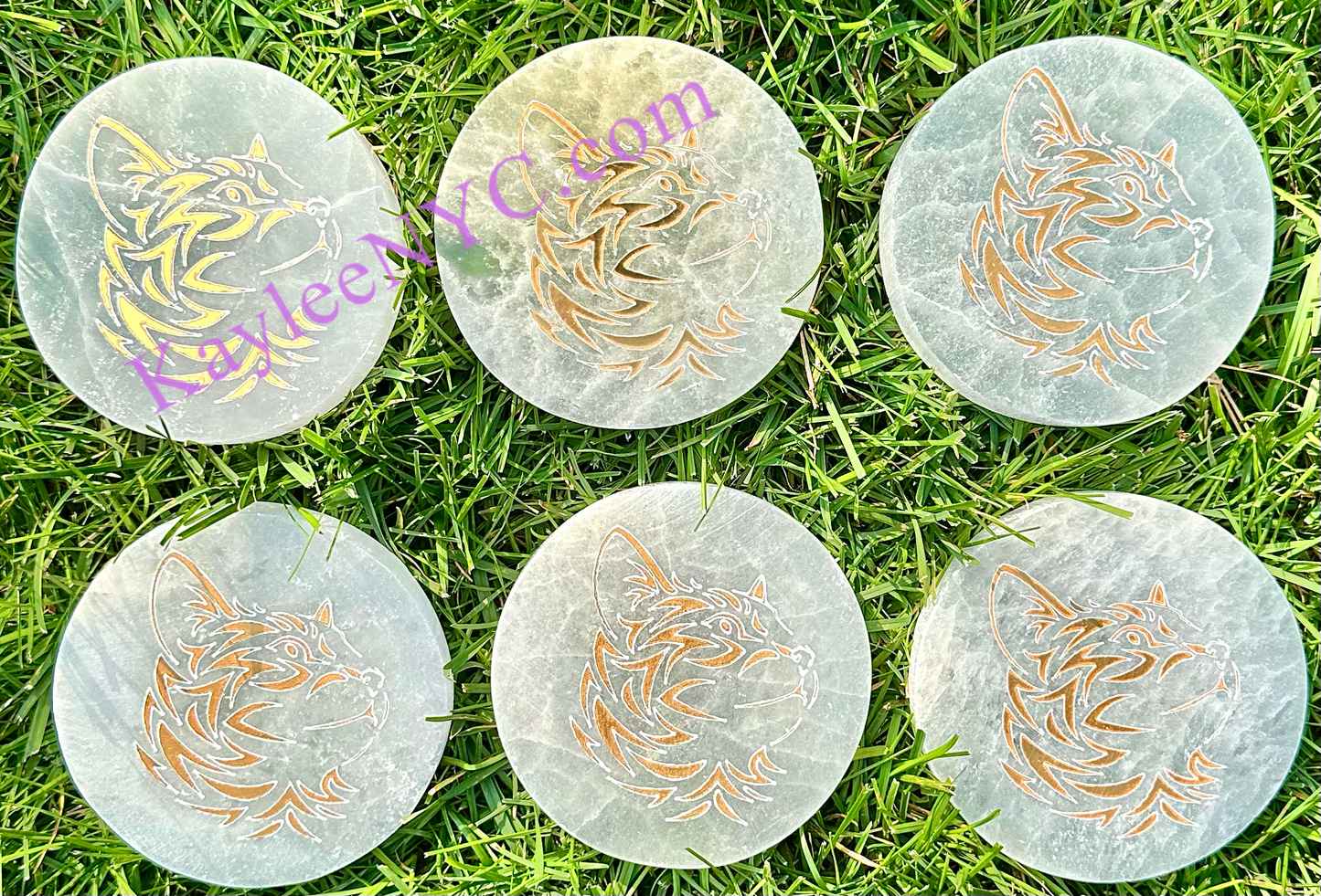 Wholesale Lot 6 pcs Natural Selenite aka Satin Spar Cat Round Charging Plate Crystal