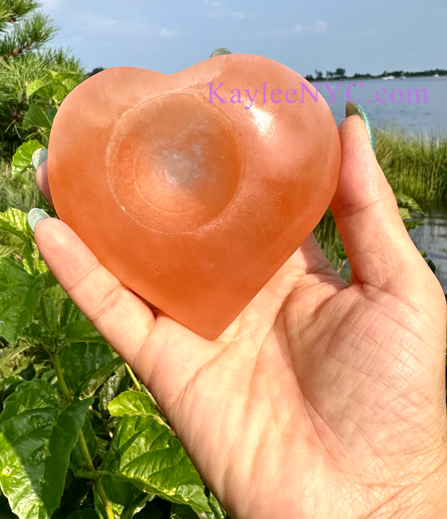 6 PCs large Natural Peach Selenite aka Satin Spar Heart Candle Holder 10cm