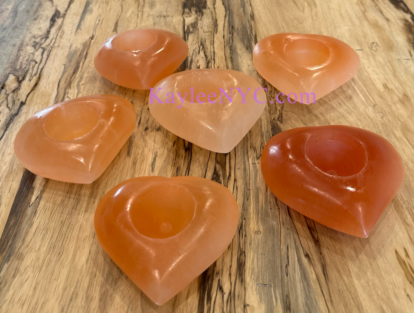 6 PCs large Natural Peach Selenite aka Satin Spar Heart Candle Holder 10cm