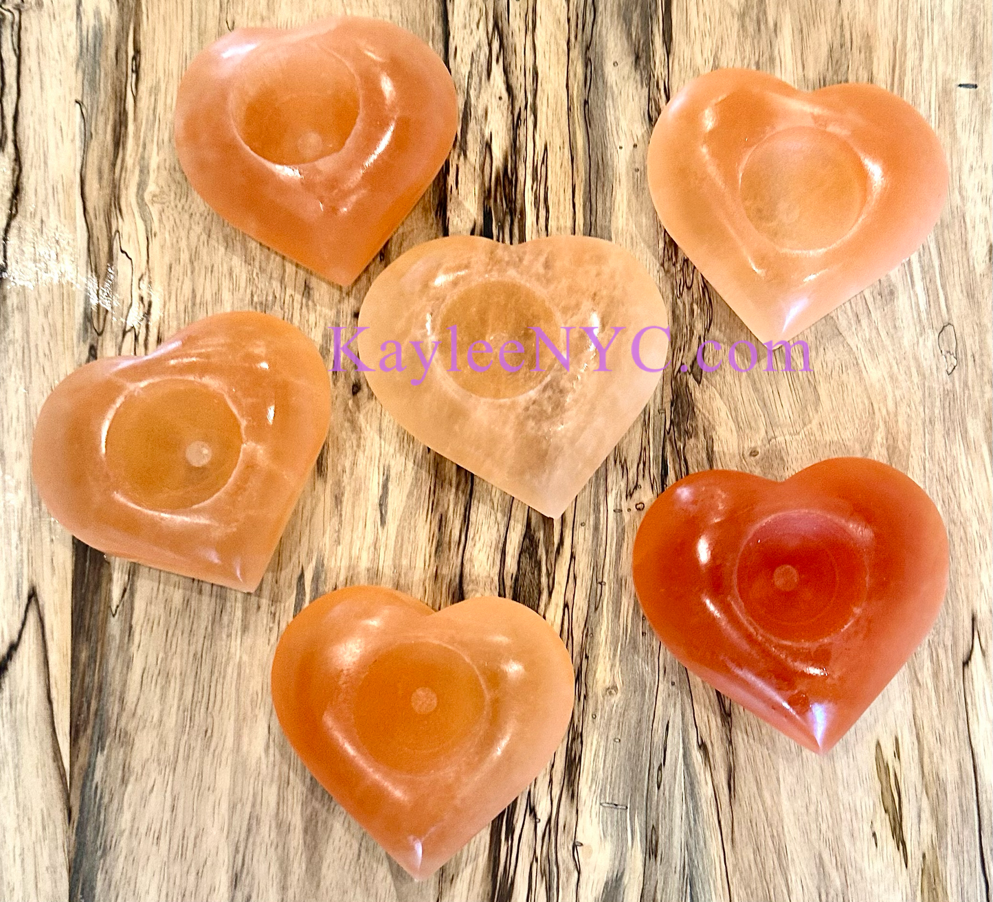 6 PCs large Natural Peach Selenite aka Satin Spar Heart Candle Holder 10cm