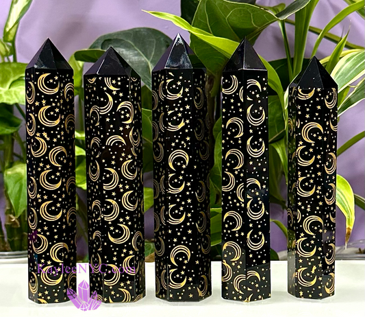 5 PCs large Black Obsidian Moon Obelisk Tower