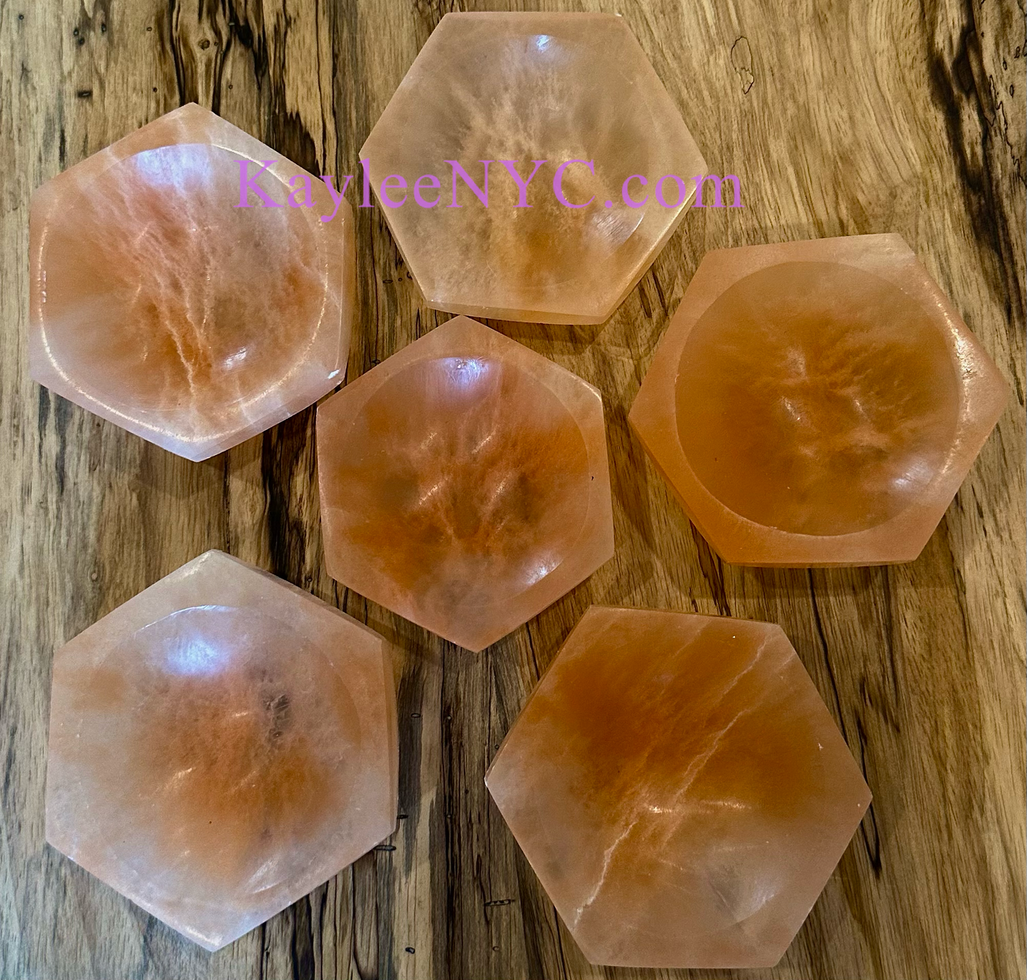 6 PCs large Natural Peach Selenite aka Satin Spar Hexagon Bowl ~10cm