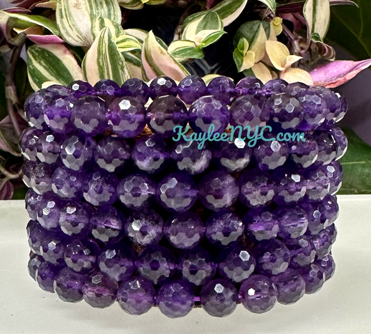 MWholesale 6 Pcs Faceted Natural Amethyst 8mm 7.5” Crystal Stretch Bracelet