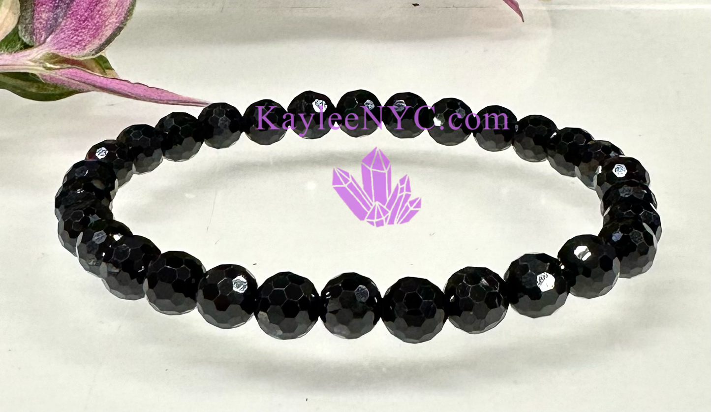 6 PCs 6mm Faceted Natural Black Spinel Stretch Bracelet 7.5”