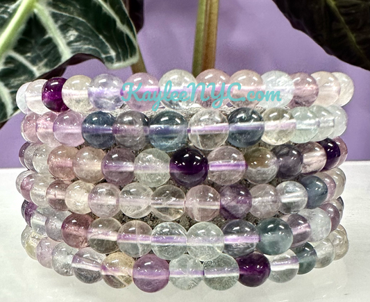 Wholesale 6 Pcs Natural Rainbow Fluorite 6mm 7.5” Crystal Healing Stretch Bracelet