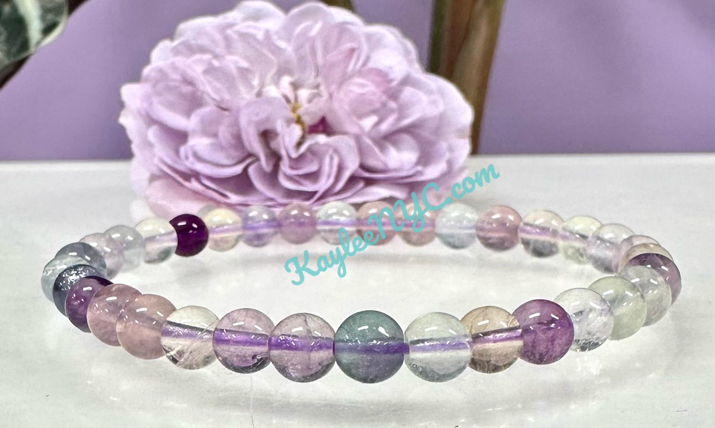 Wholesale 6 Pcs Natural Rainbow Fluorite 6mm 7.5” Crystal Healing Stretch Bracelet